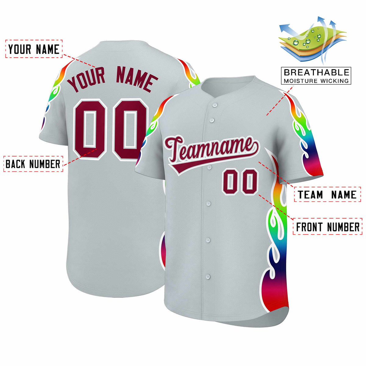 Custom Silver Graffiti Pattern Personalized Multicolored Flames Print Authentic Baseball Jersey| KXKSHOP