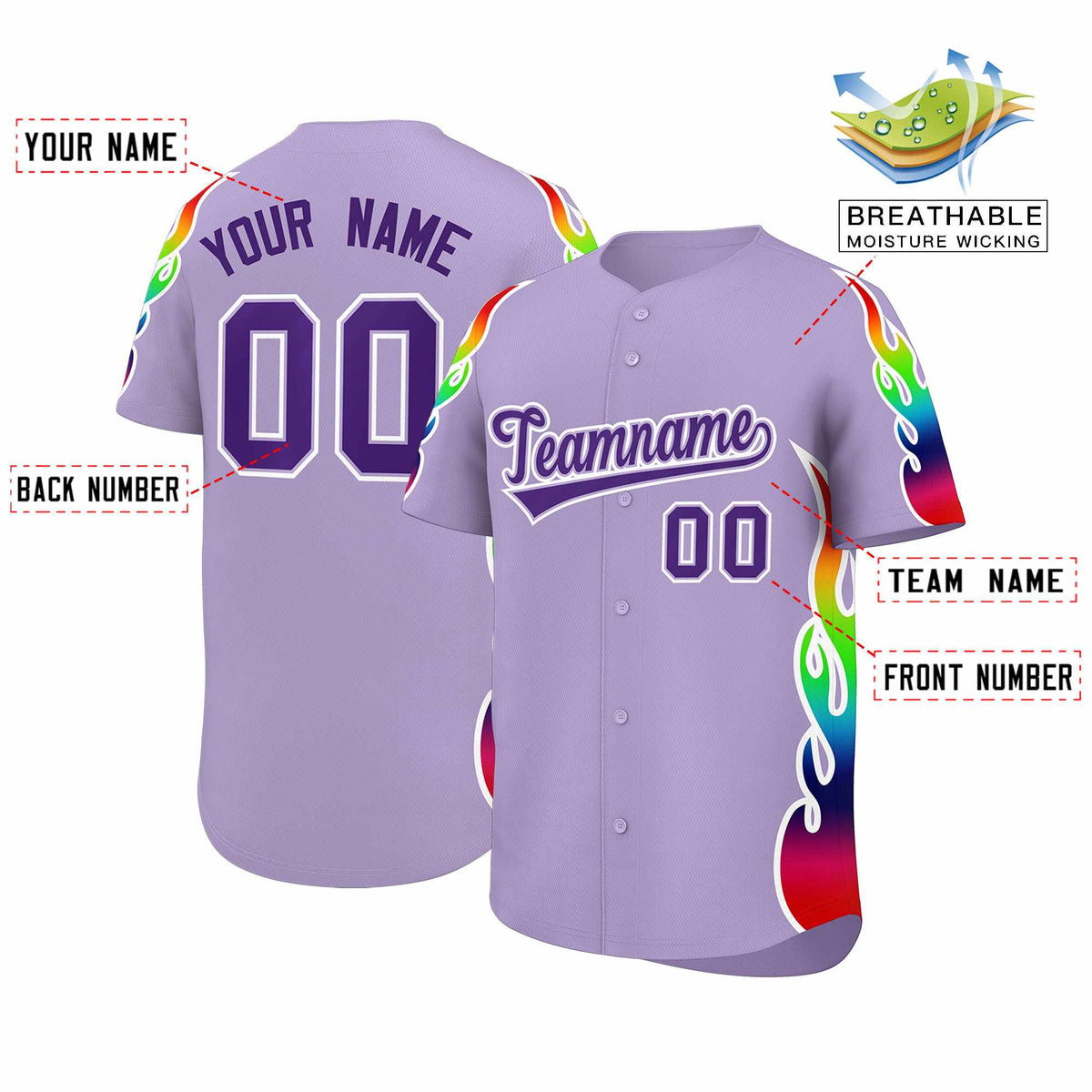 Custom Light Purple Graffiti Pattern Personalized Multicolored Flames Print Authentic Baseball Jersey| KXKSHOP