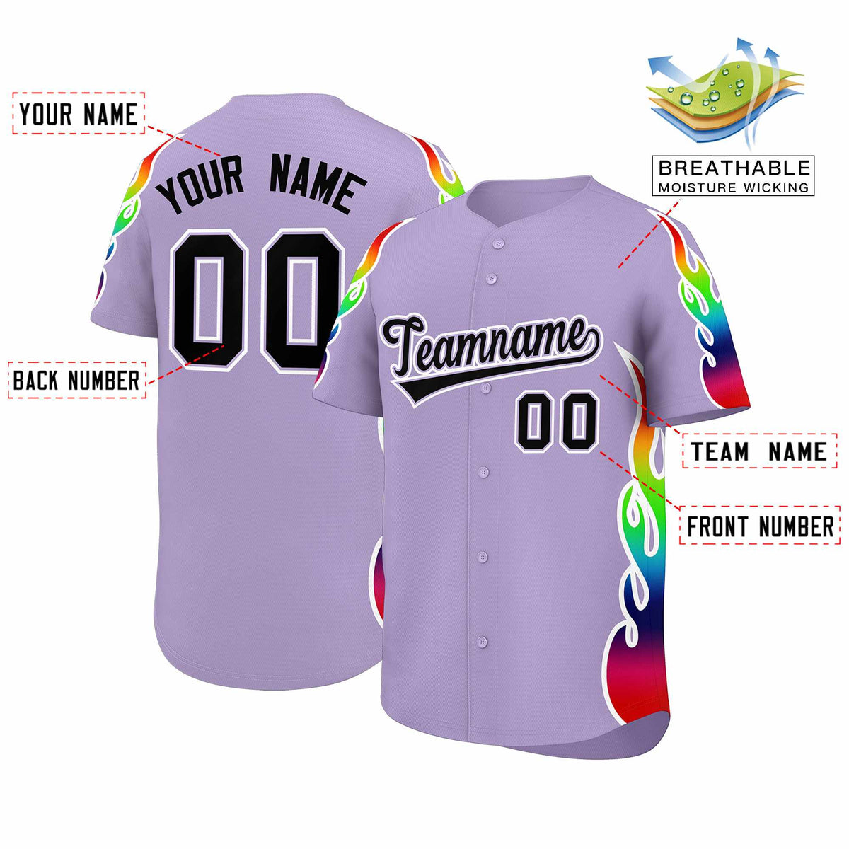 Custom Light Purple Graffiti Pattern Personalized Multicolored Flames Print Authentic Baseball Jersey| KXKSHOP