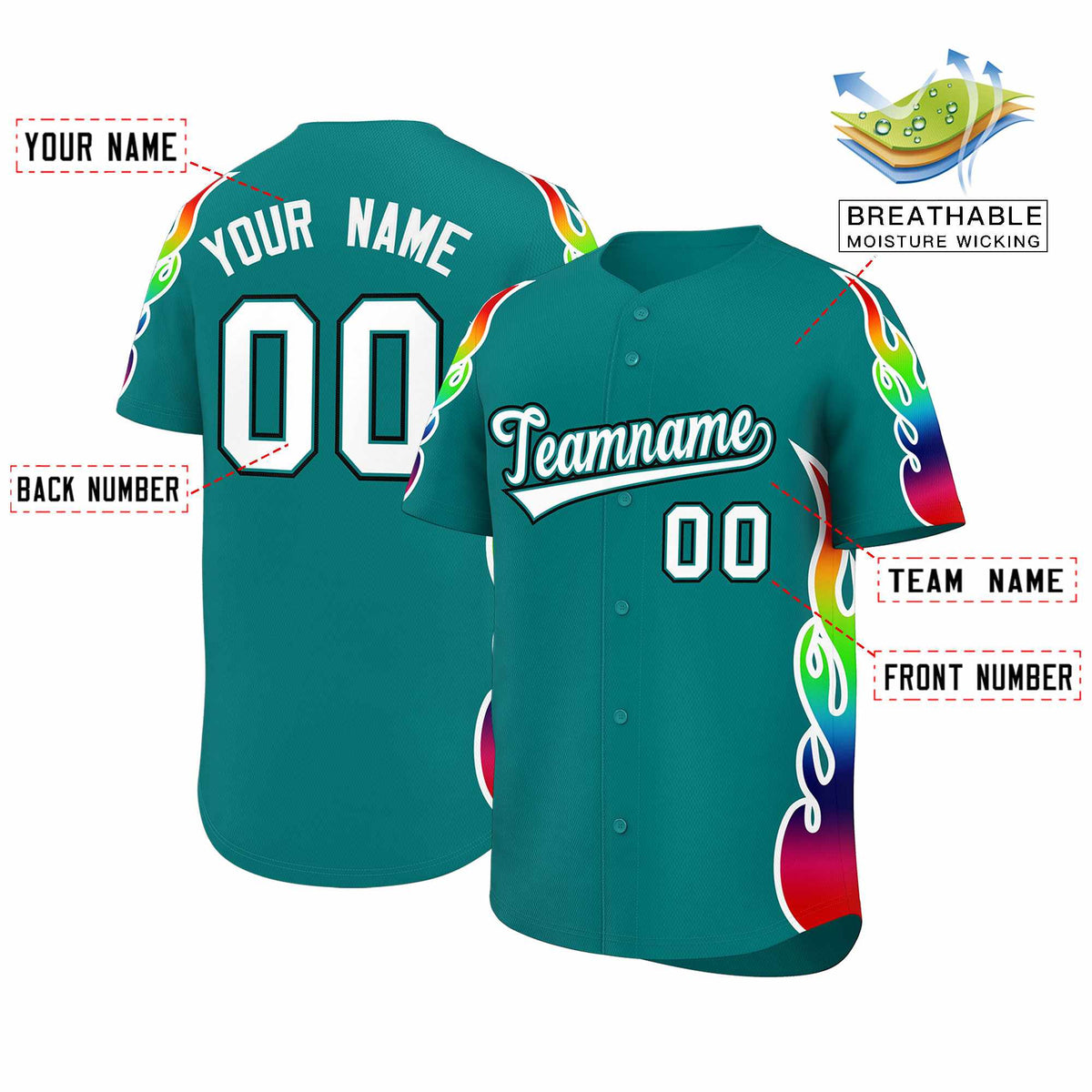 Custom Aqua Graffiti Pattern Personalized Multicolored Flames Print Authentic Baseball Jersey| KXKSHOP