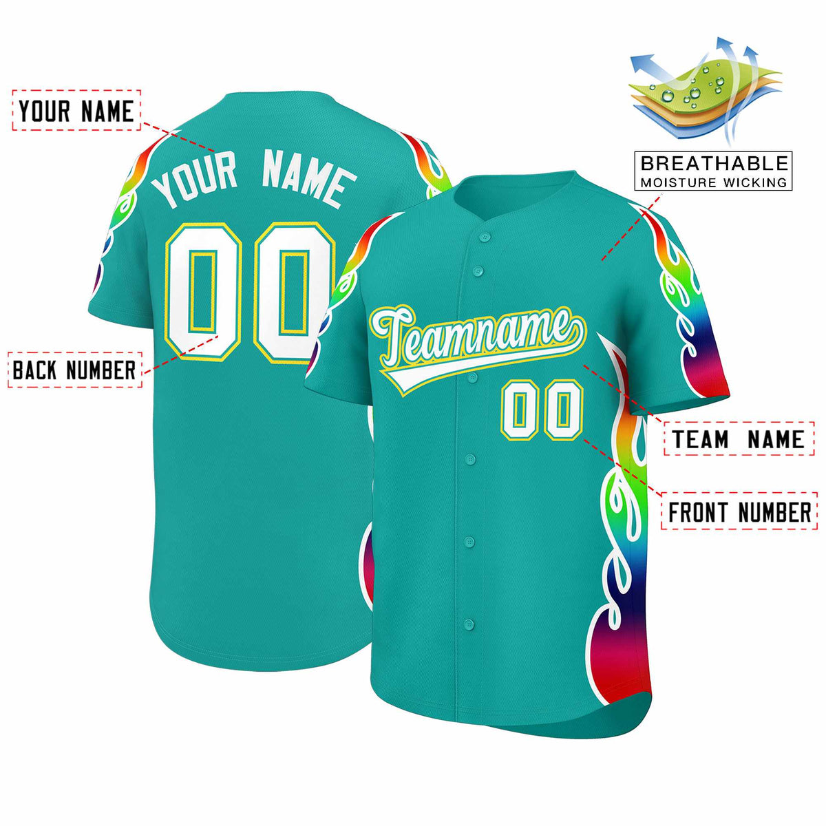 Custom Aqua Graffiti Pattern Personalized Multicolored Flames Print Authentic Baseball Jersey| KXKSHOP