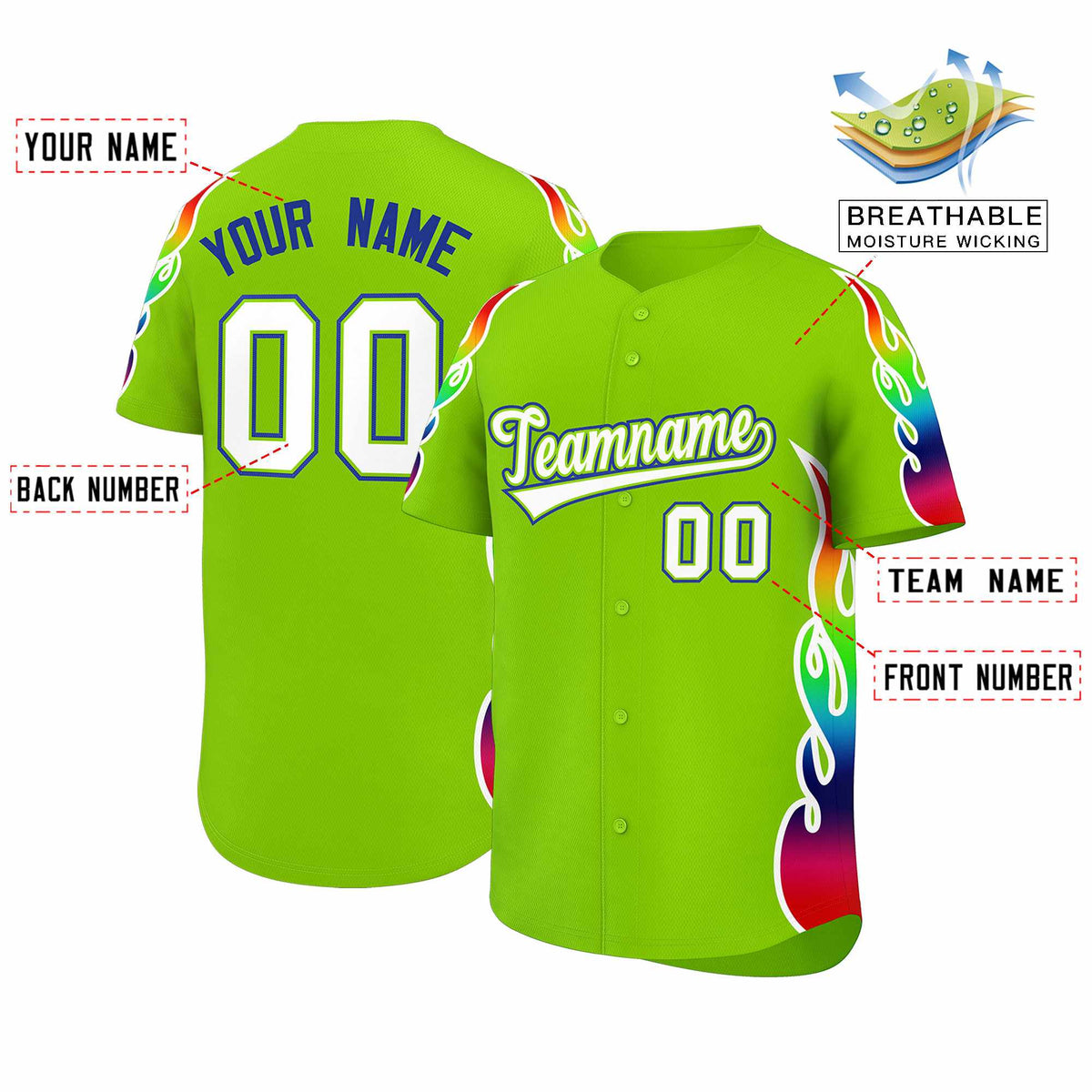 Custom Neon Green Graffiti Pattern Personalized Multicolored Flames Print Authentic Baseball Jersey| KXKSHOP