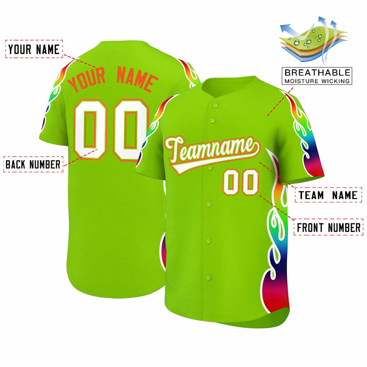 Custom Neon Green Graffiti Pattern Personalized Multicolored Flames Print Authentic Baseball Jersey| KXKSHOP