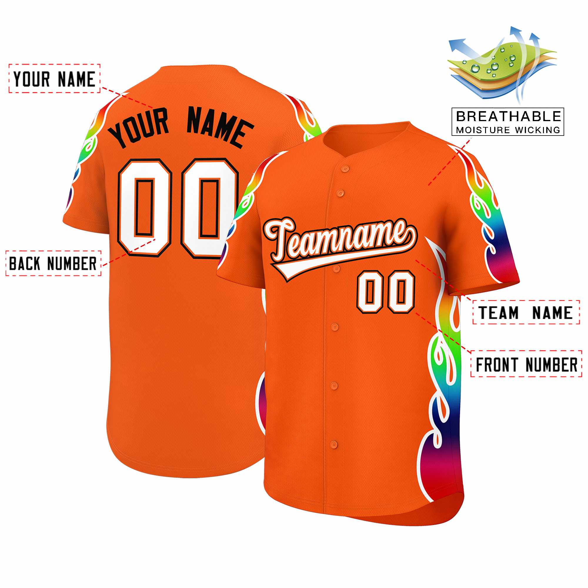 Custom Orange Graffiti Pattern Personalized Multicolored Flames Print Authentic Baseball Jersey| KXKSHOP