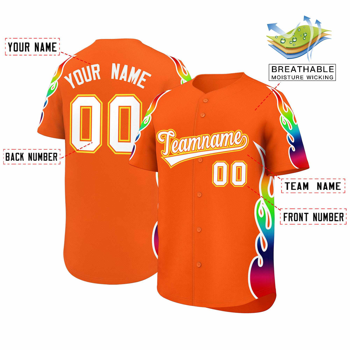 Custom Orange Graffiti Pattern Personalized Multicolored Flames Print Authentic Baseball Jersey| KXKSHOP