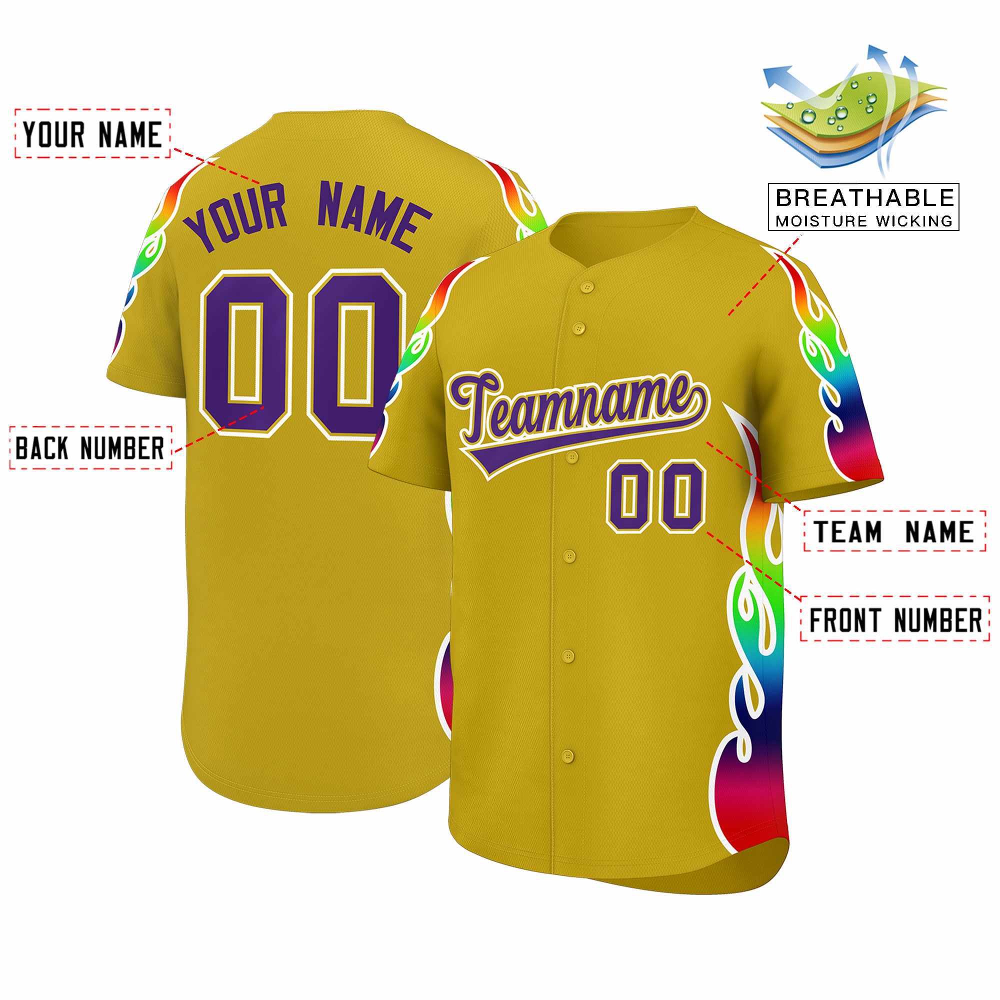 Custom Old Gold Graffiti Pattern Personalized Multicolored Flames Print Authentic Baseball Jersey| KXKSHOP