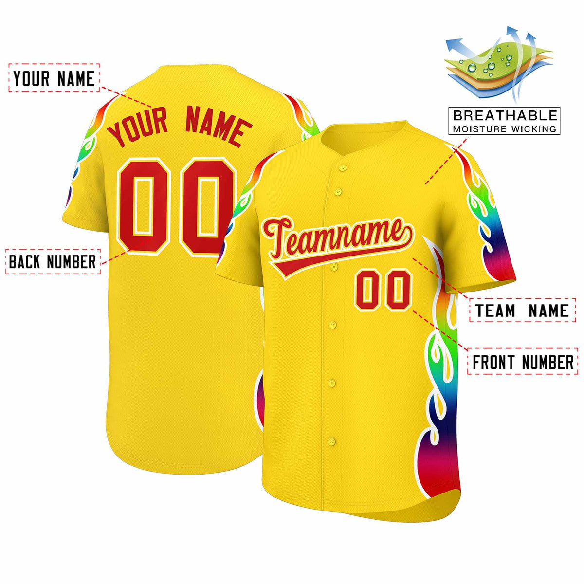Custom Gold Graffiti Pattern Personalized Multicolored Flames Print Authentic Baseball Jersey| KXKSHOP