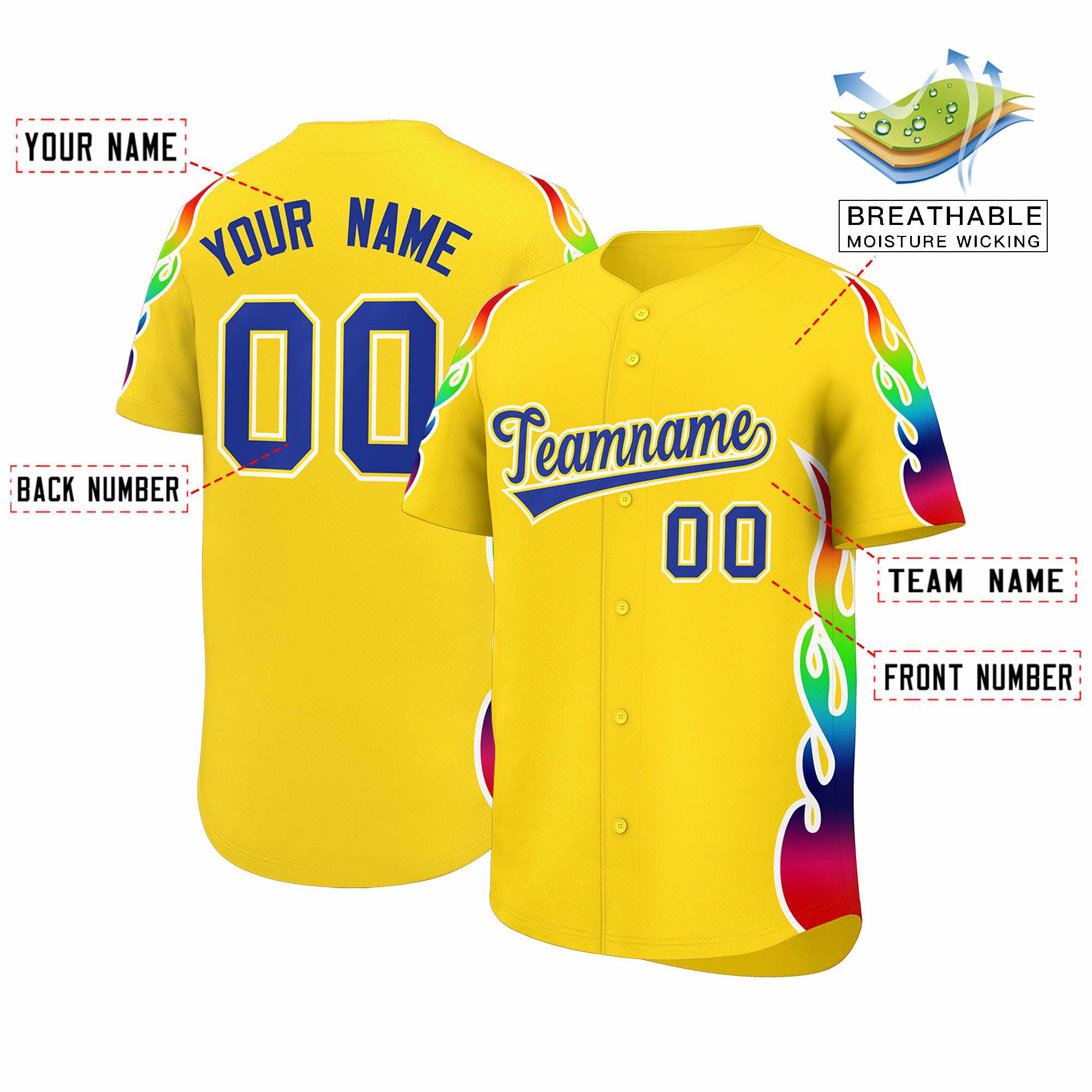 Custom Gold Graffiti Pattern Personalized Multicolored Flames Print Authentic Baseball Jersey| KXKSHOP