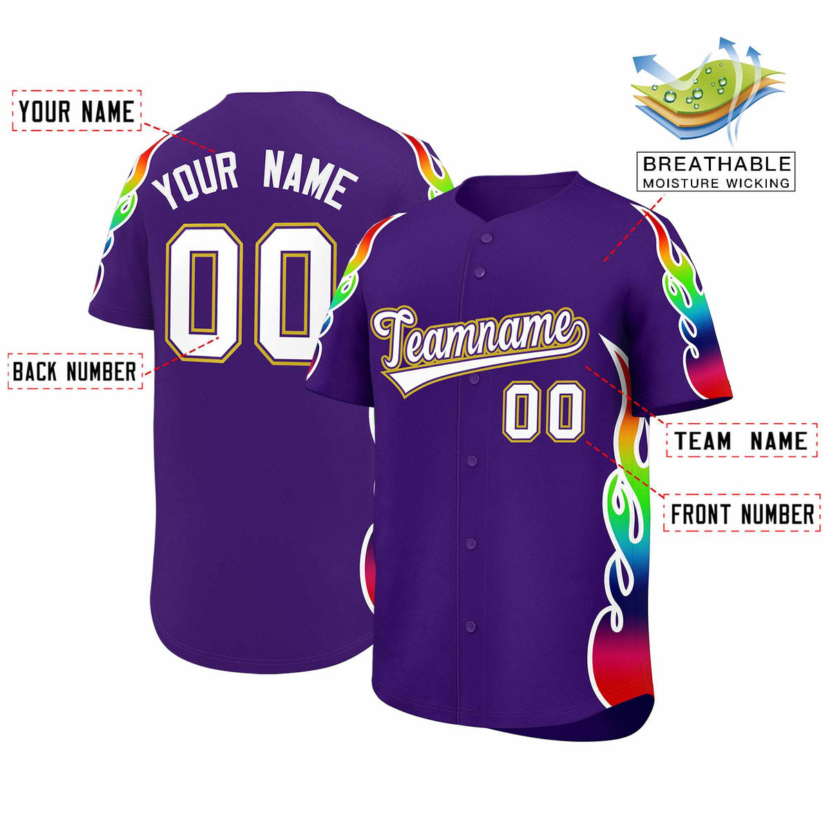 Custom Purple Graffiti Pattern Personalized Multicolored Flames Print Authentic Baseball Jersey| KXKSHOP