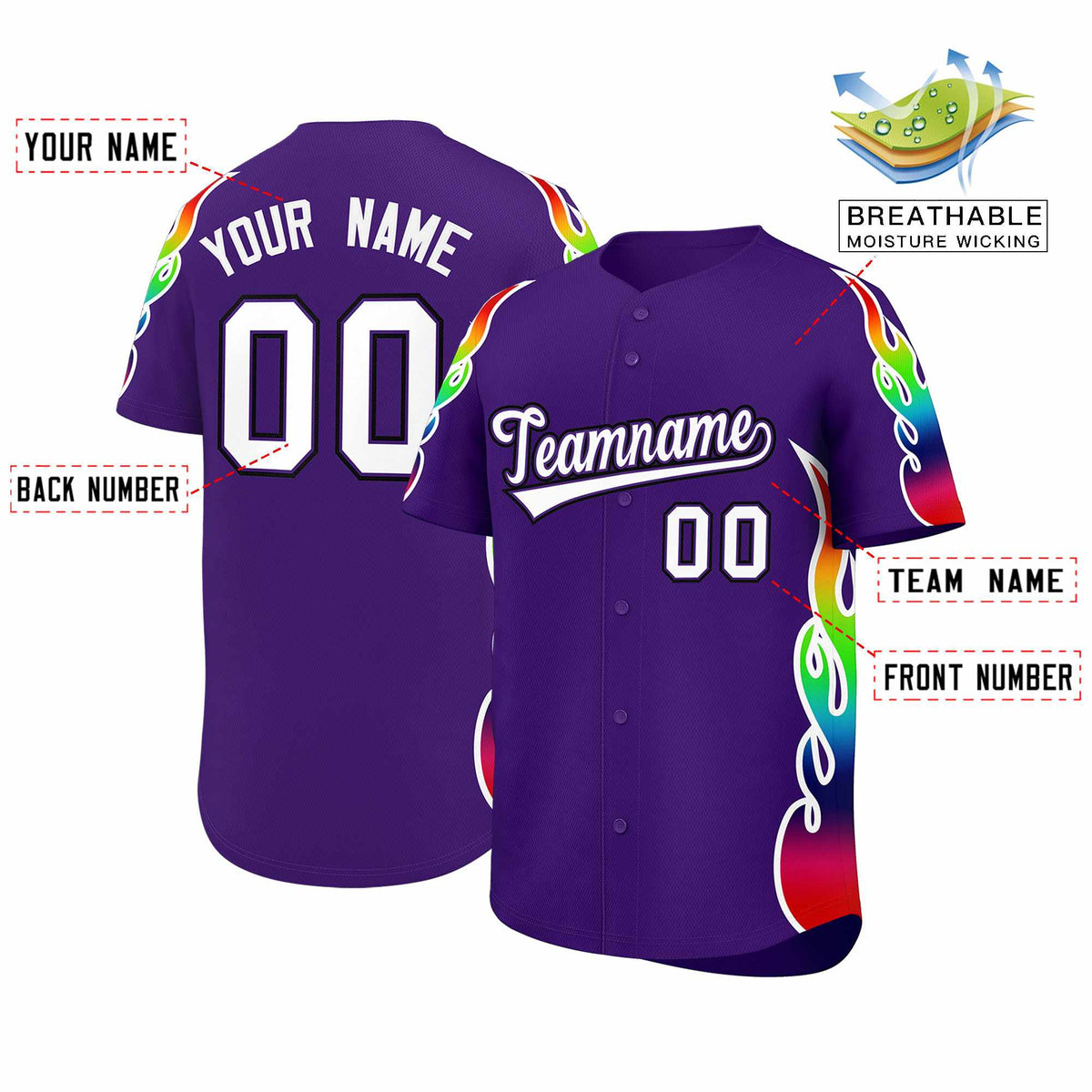 Custom Purple Graffiti Pattern Personalized Multicolored Flames Print Authentic Baseball Jersey| KXKSHOP
