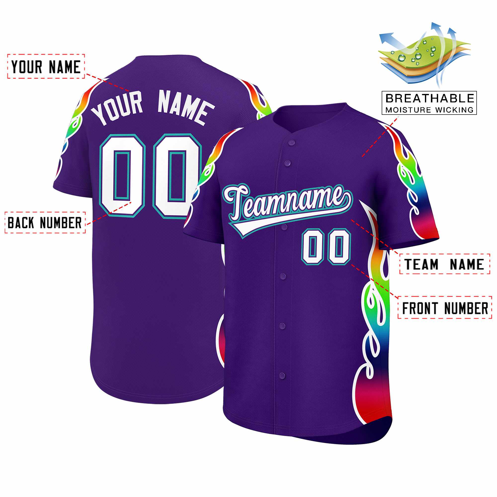 Custom Purple Graffiti Pattern Personalized Multicolored Flames Print Authentic Baseball Jersey| KXKSHOP