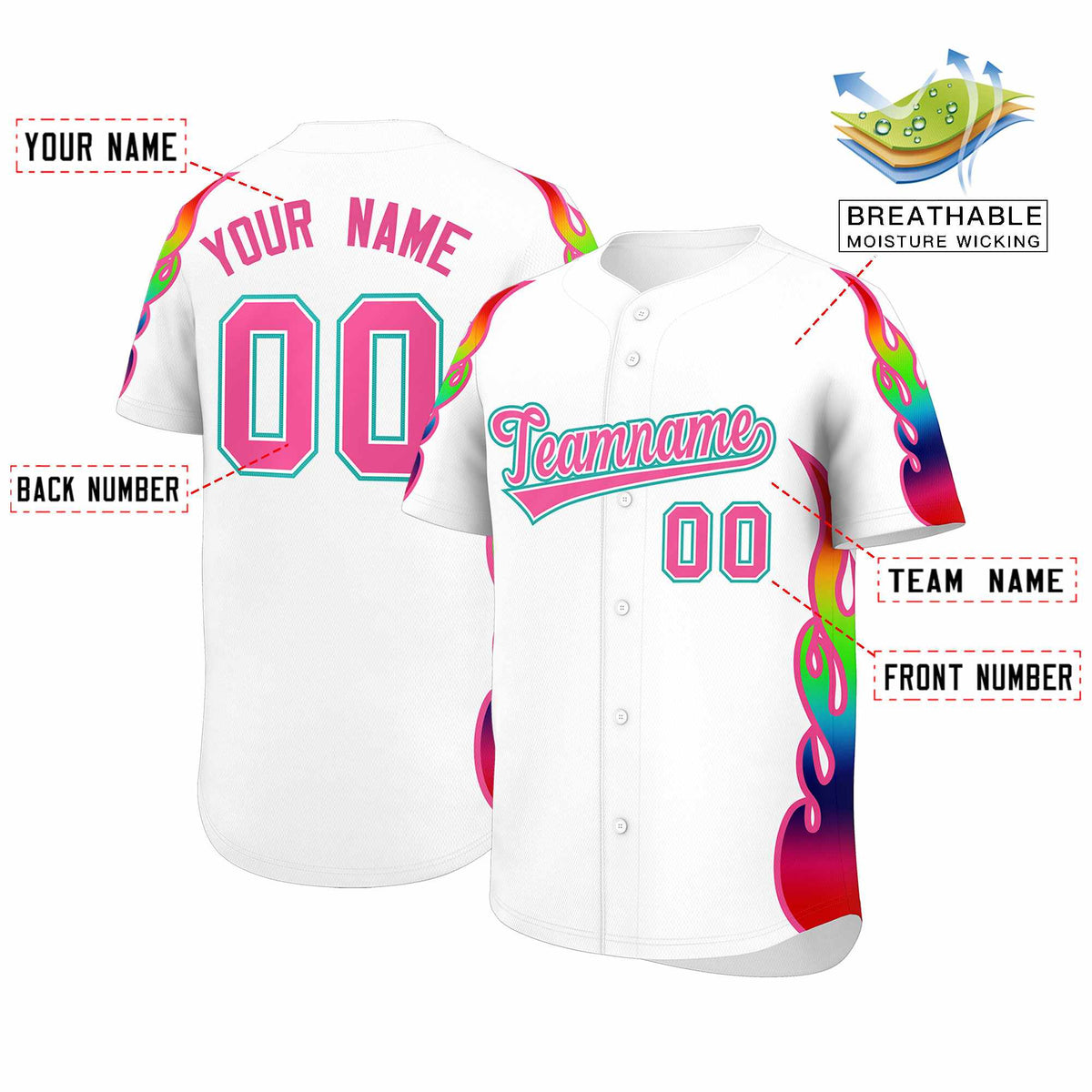 Custom White Graffiti Pattern Personalized Multicolored Flames Print Authentic Baseball Jersey| KXKSHOP