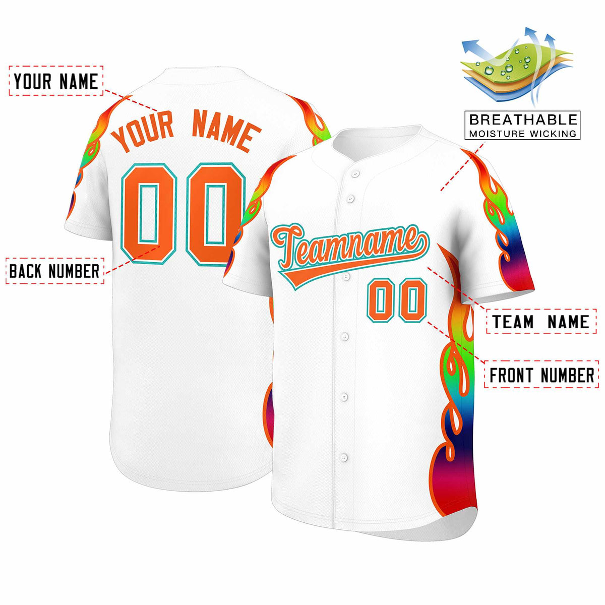 Custom White Graffiti Pattern Personalized Multicolored Flames Print Authentic Baseball Jersey| KXKSHOP
