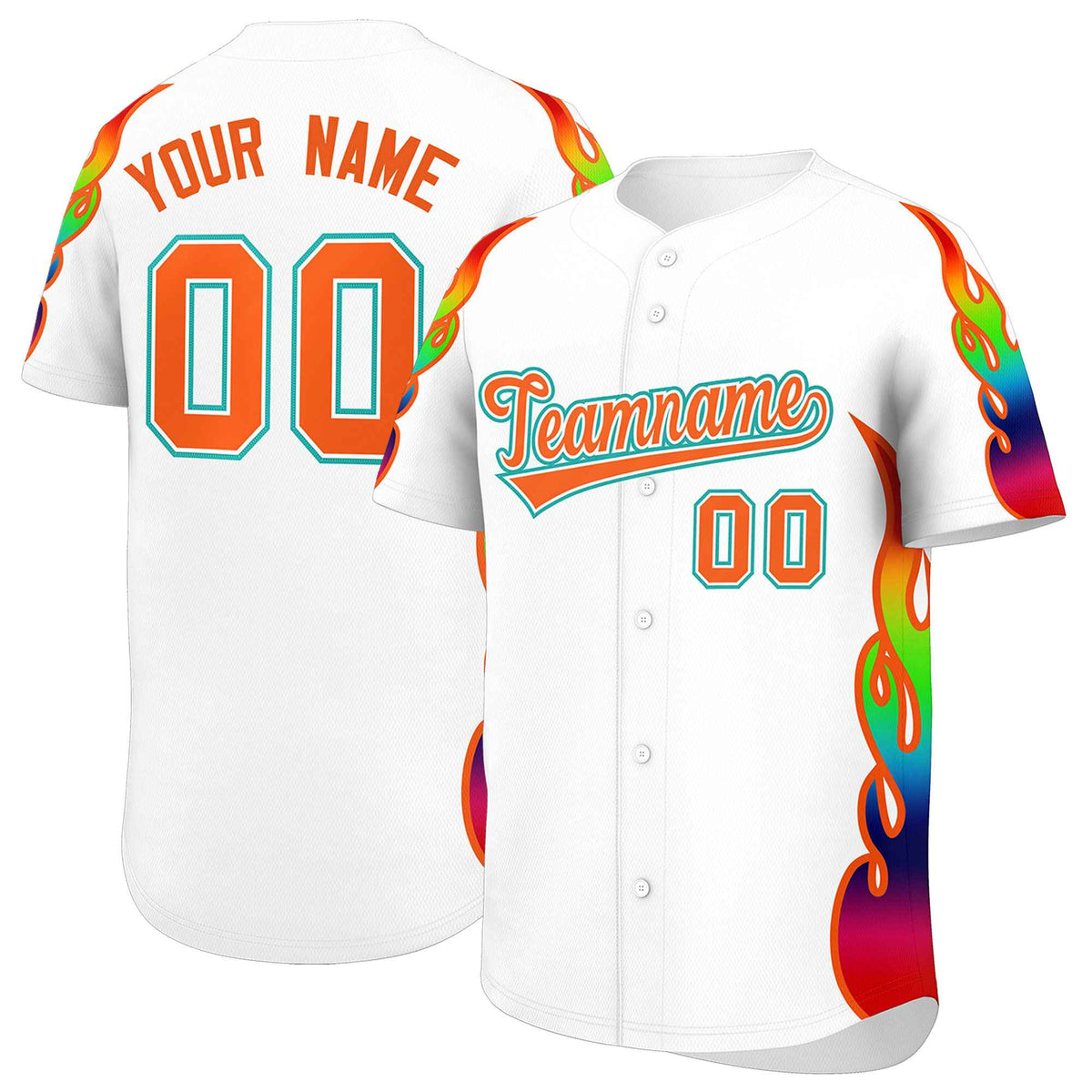 Custom White Graffiti Pattern Personalized Multicolored Flames Print Authentic Baseball Jersey| KXKSHOP