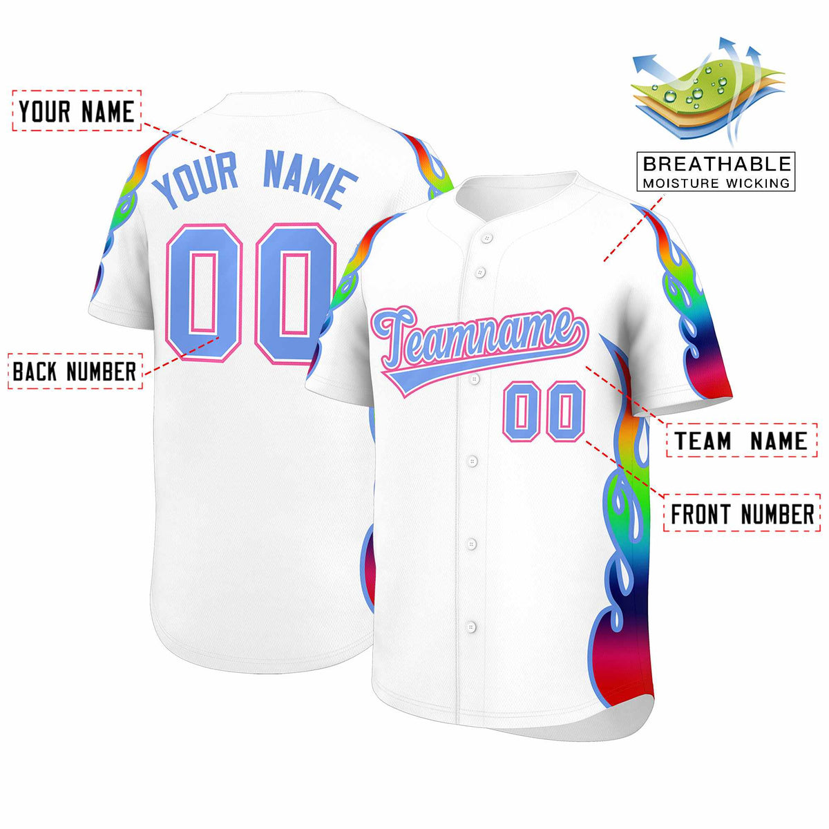 Custom White Graffiti Pattern Personalized Multicolored Flames Print Authentic Baseball Jersey| KXKSHOP