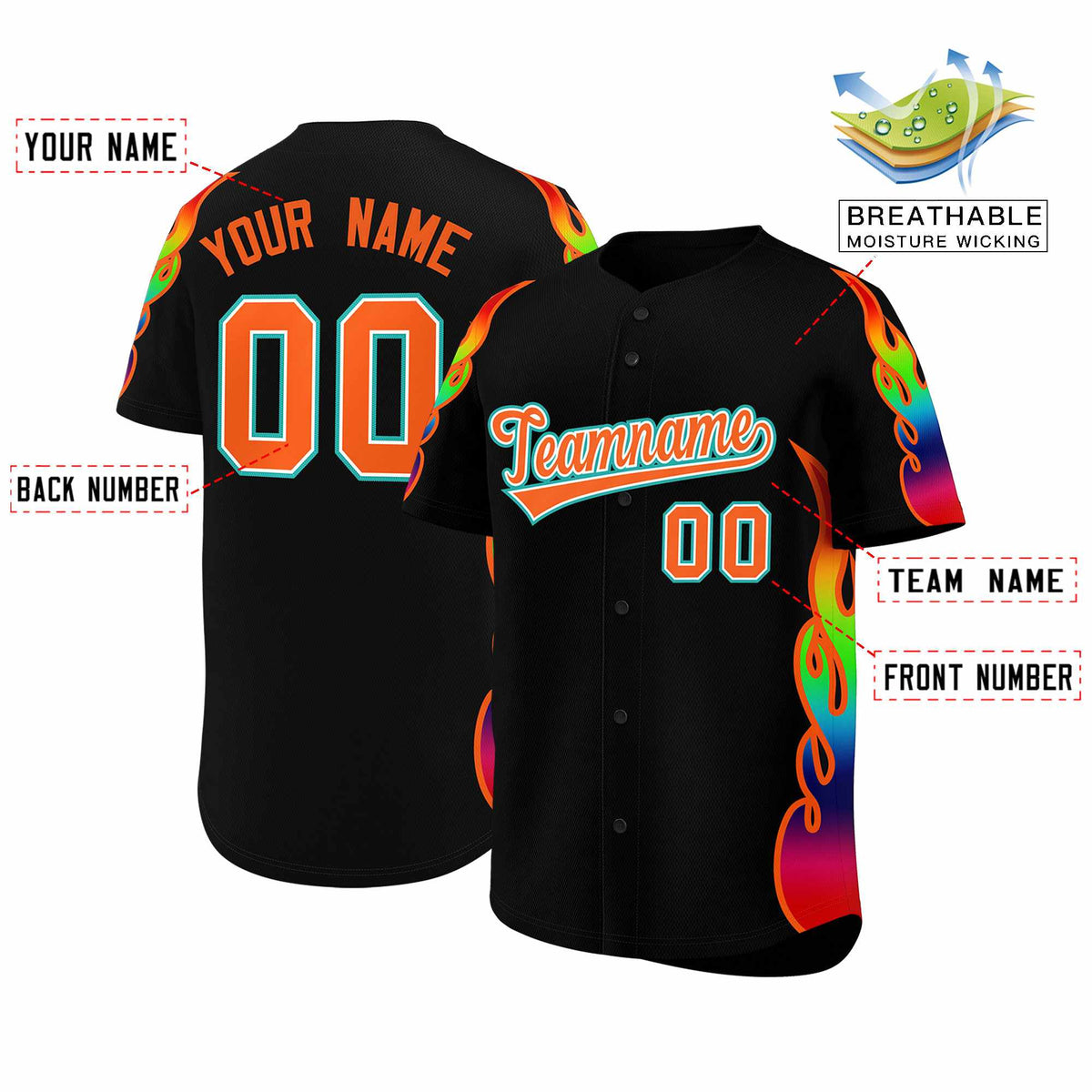 Custom Black Graffiti Pattern Personalized Multicolored Flames Print Authentic Baseball Jersey| KXKSHOP