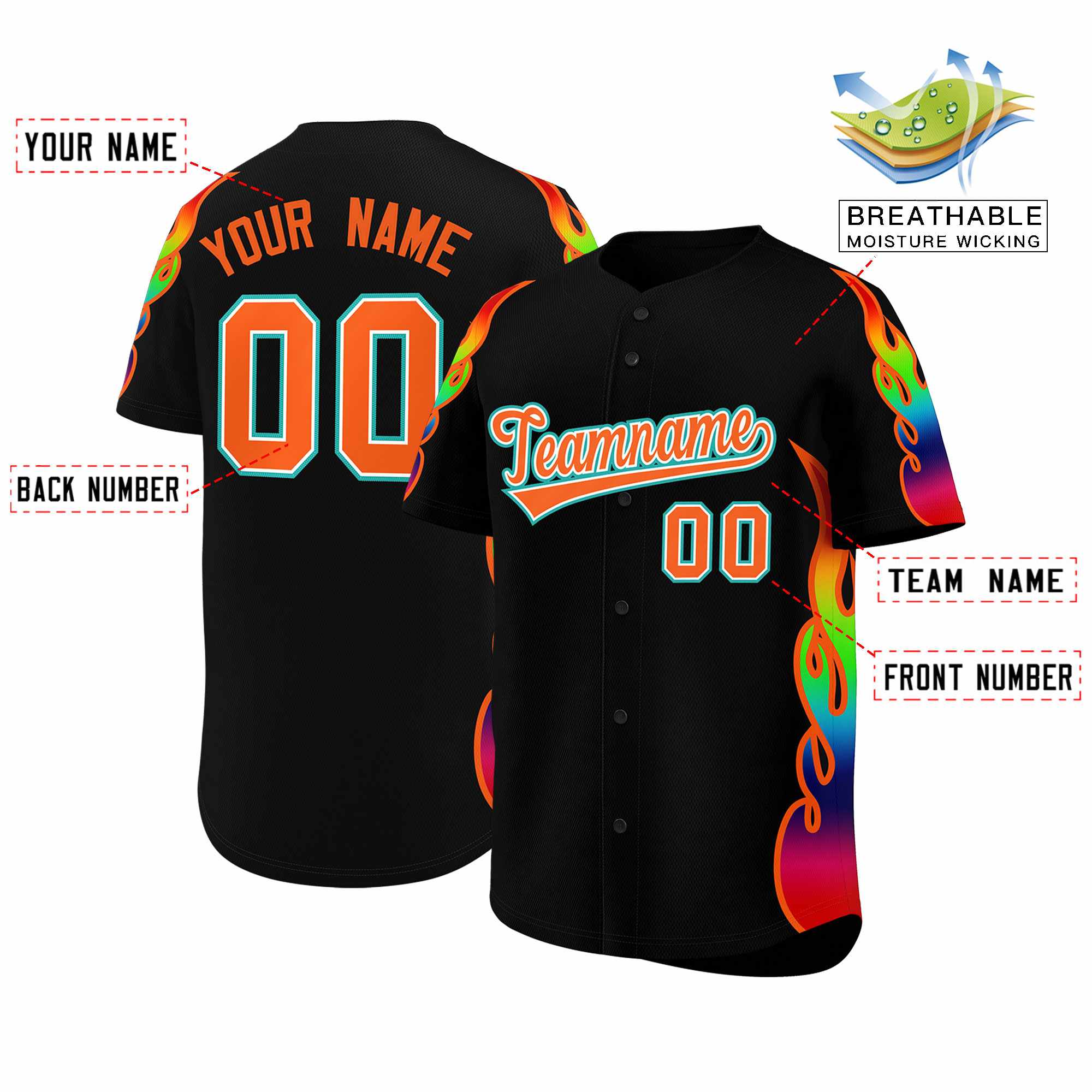 Custom Black Graffiti Pattern Personalized Multicolored Flames Print Authentic Baseball Jersey| KXKSHOP