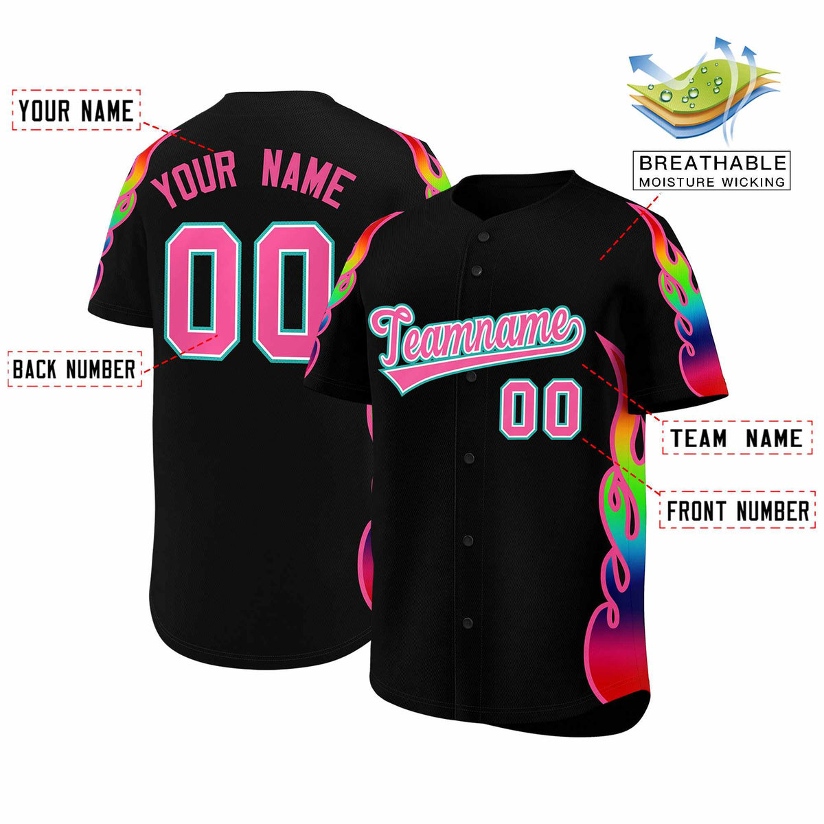 Custom Black Graffiti Pattern Personalized Multicolored Flames Print Authentic Baseball Jersey| KXKSHOP