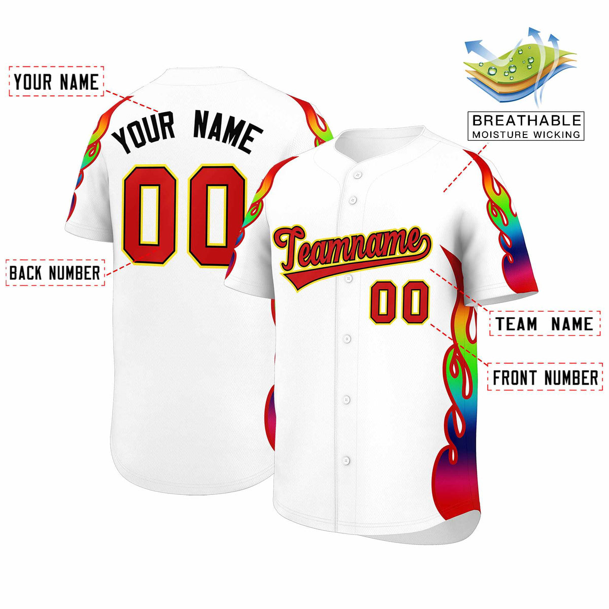 Custom White Graffiti Pattern Personalized Multicolored Flames Print Authentic Baseball Jersey| KXKSHOP