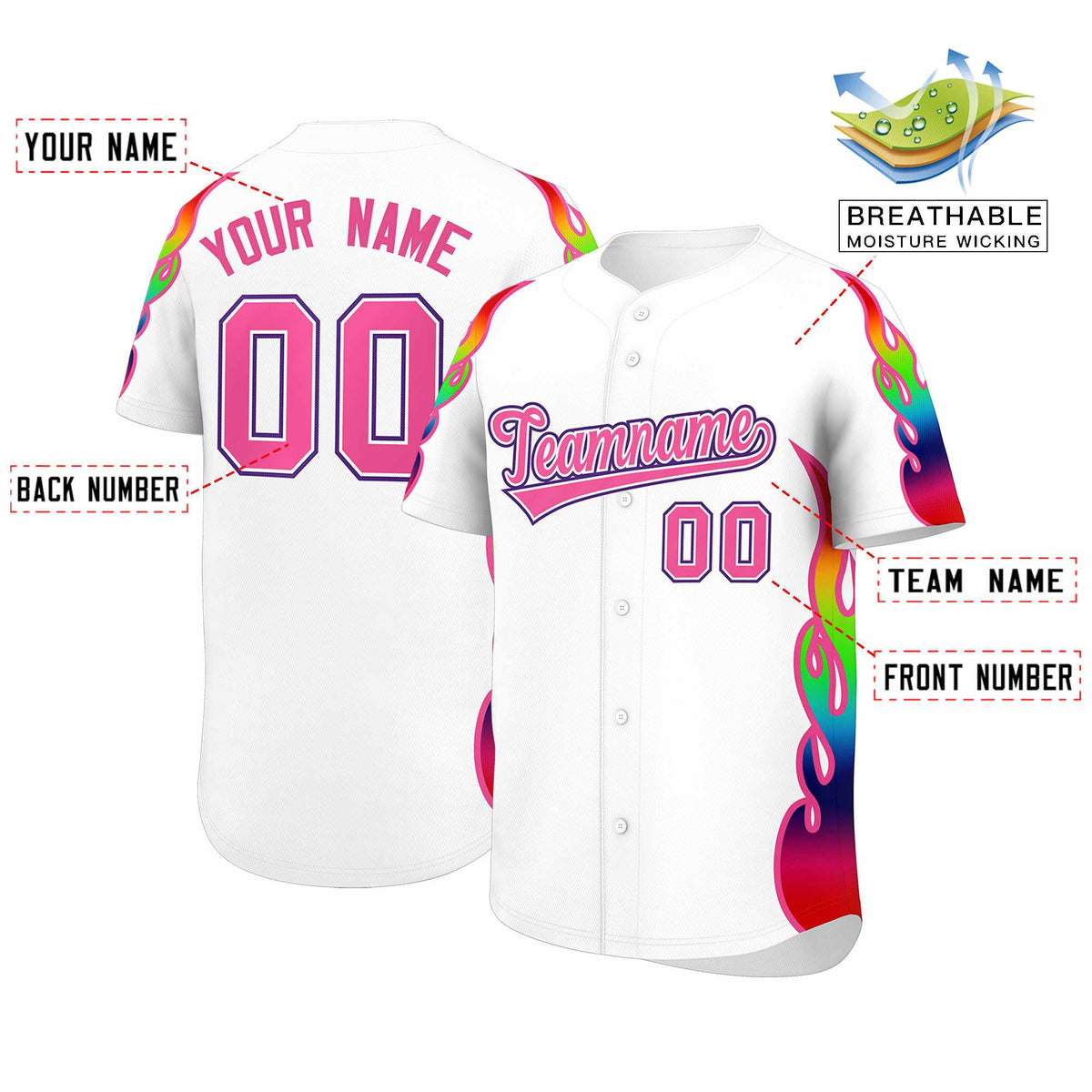 Custom White Graffiti Pattern Personalized Multicolored Flames Print Authentic Baseball Jersey| KXKSHOP