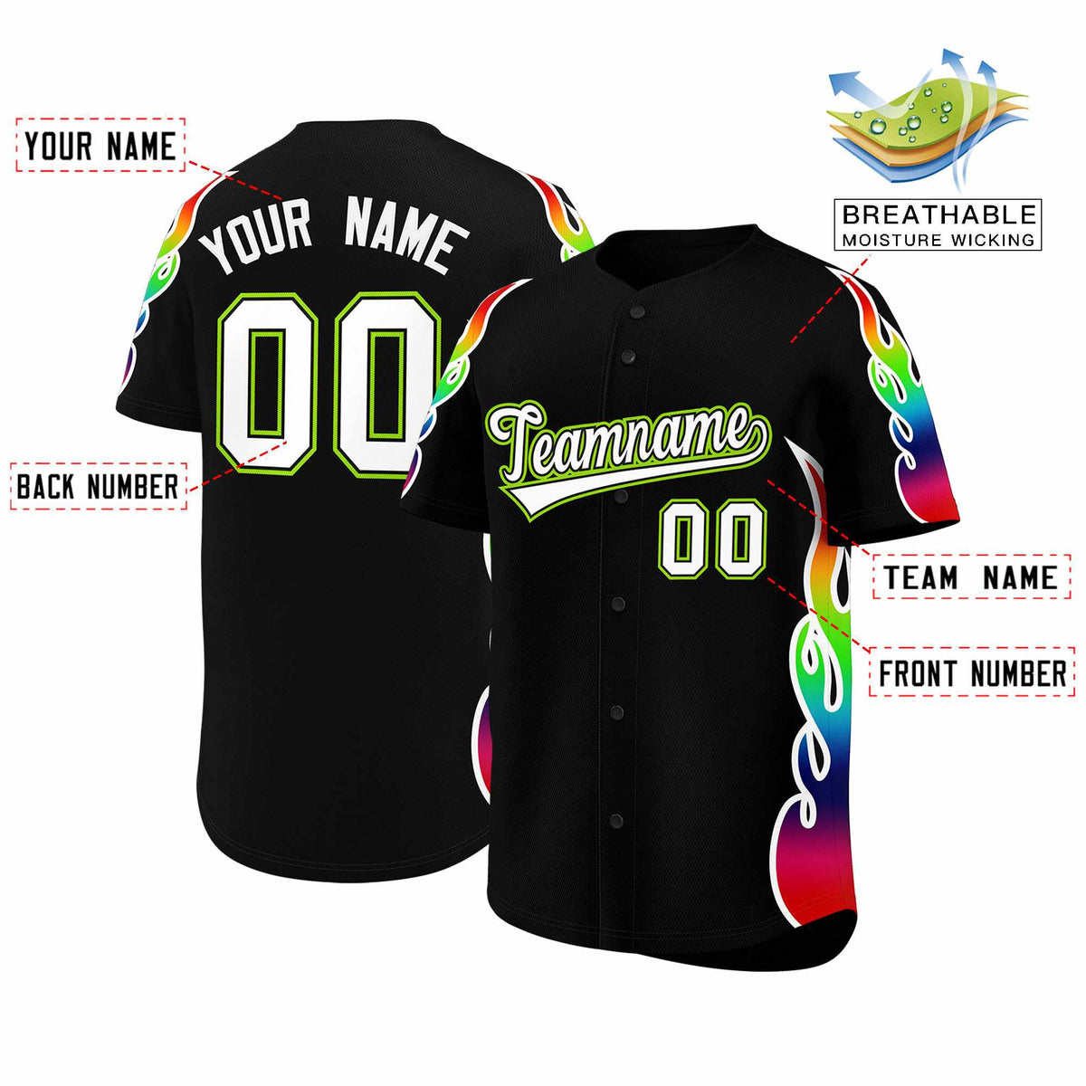 Custom Black Graffiti Pattern Personalized Multicolored Flames Print Authentic Baseball Jersey| KXKSHOP