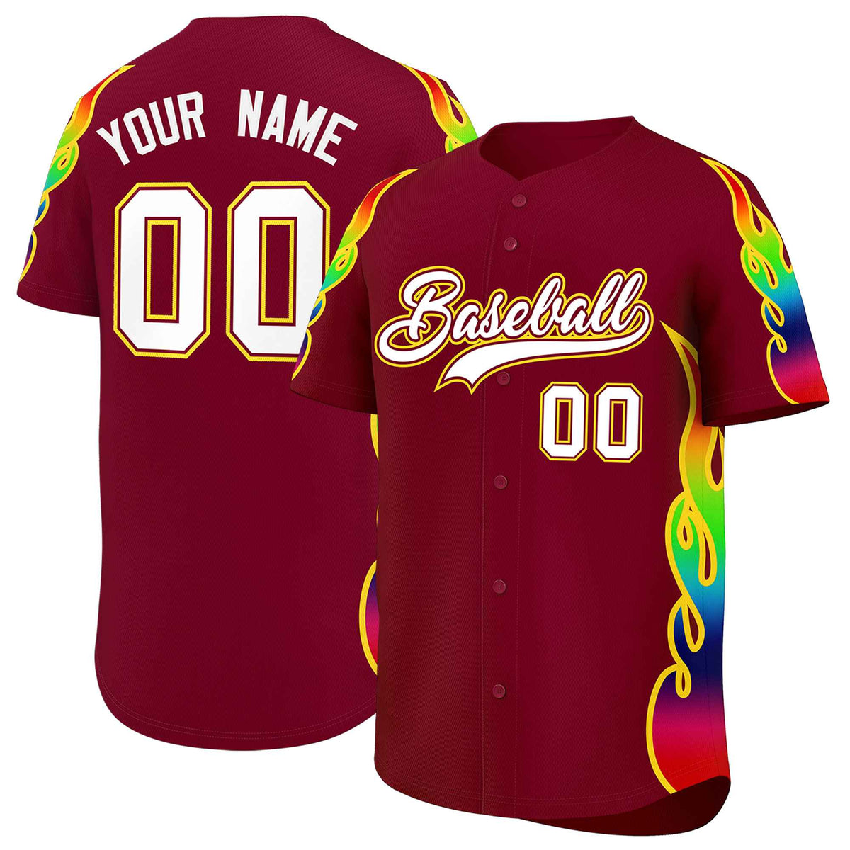 Custom Crimson Graffiti Pattern Personalized Multicolored Flames Print Authentic Baseball Jersey| KXKSHOP