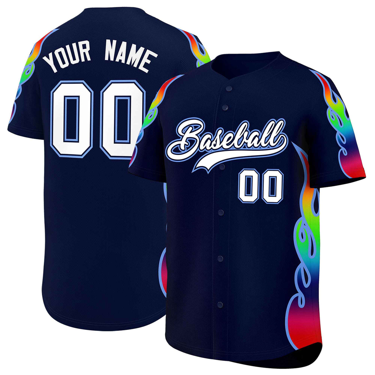 Custom Navy Graffiti Pattern Personalized Multicolored Flames Print Authentic Baseball Jersey| KXKSHOP