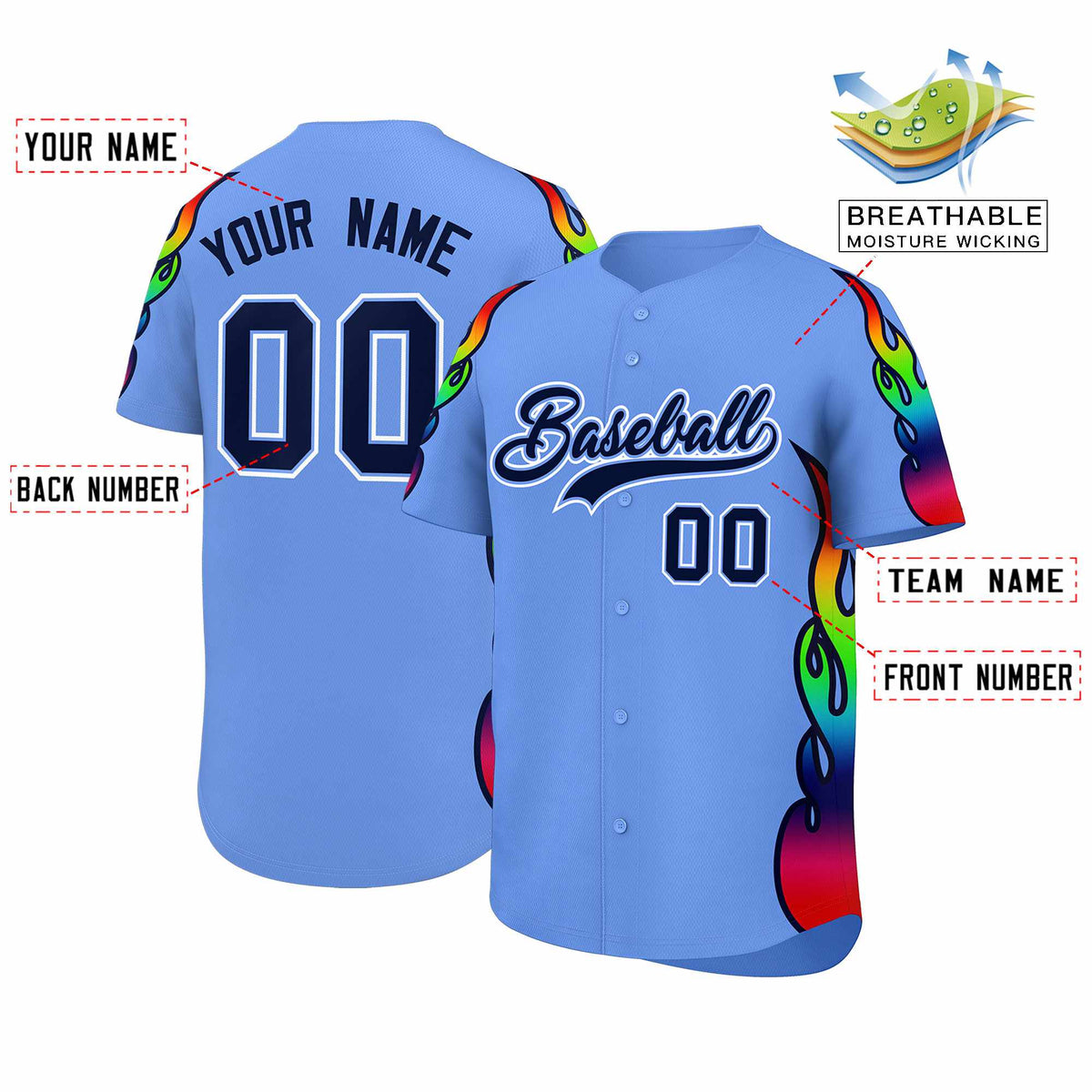 Custom Light Blue Graffiti Pattern Personalized Multicolored Flames Print Authentic Baseball Jersey| KXKSHOP