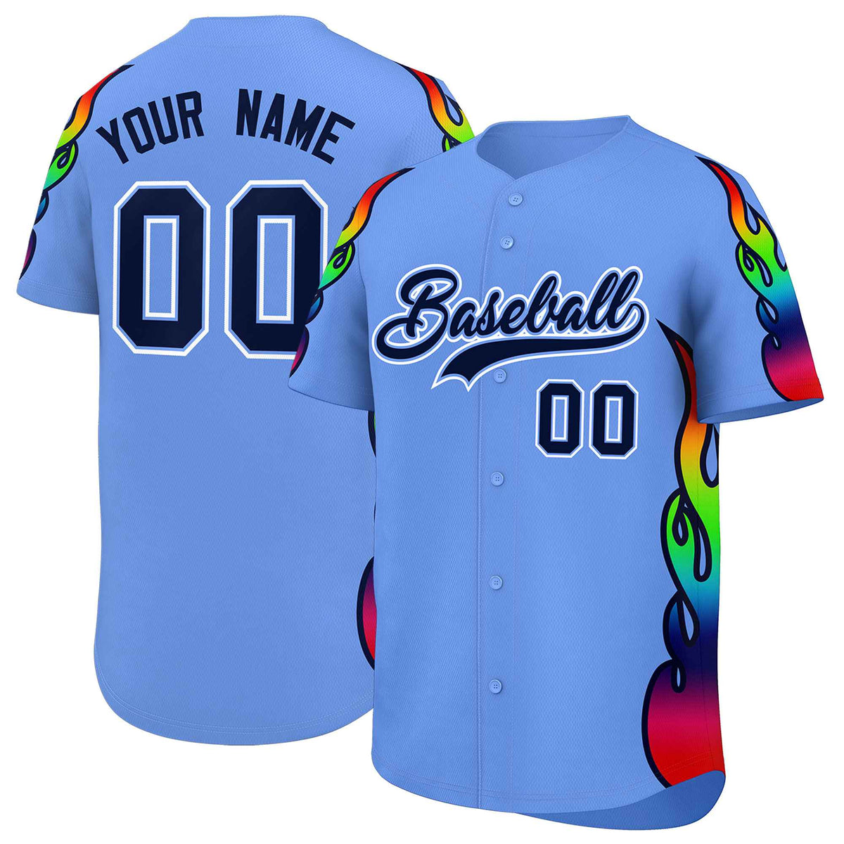 Custom Light Blue Graffiti Pattern Personalized Multicolored Flames Print Authentic Baseball Jersey| KXKSHOP