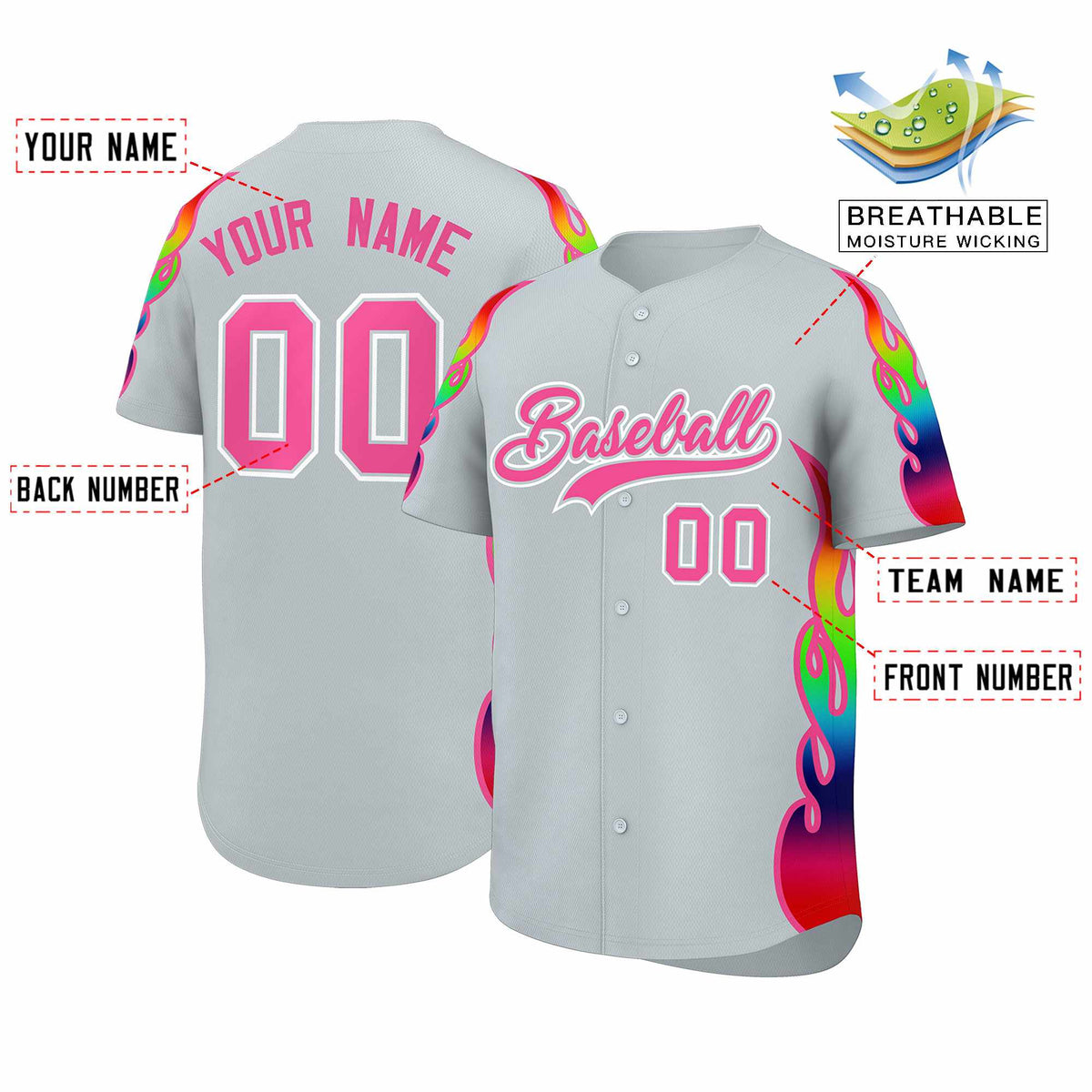Custom Silver Graffiti Pattern Personalized Multicolored Flames Print Authentic Baseball Jersey| KXKSHOP