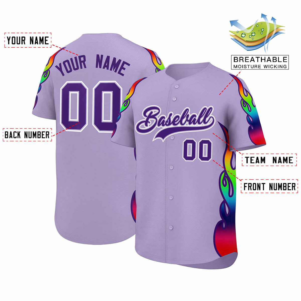 Custom Light Purple Graffiti Pattern Personalized Multicolored Flames Print Authentic Baseball Jersey| KXKSHOP