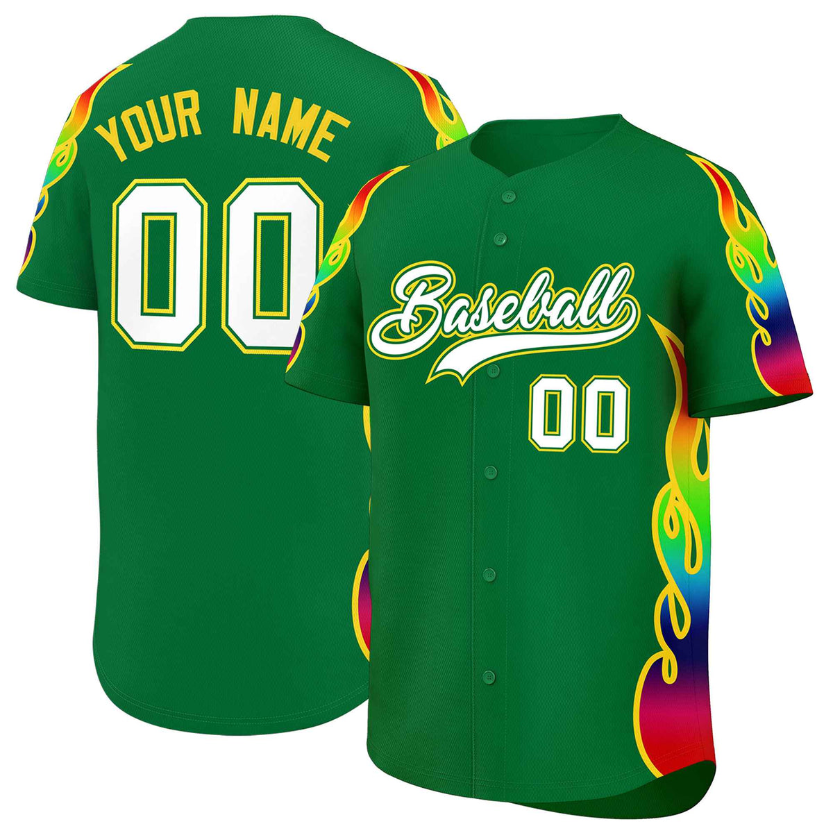 Custom Kelly Green Graffiti Pattern Personalized Multicolored Flames Print Authentic Baseball Jersey| KXKSHOP