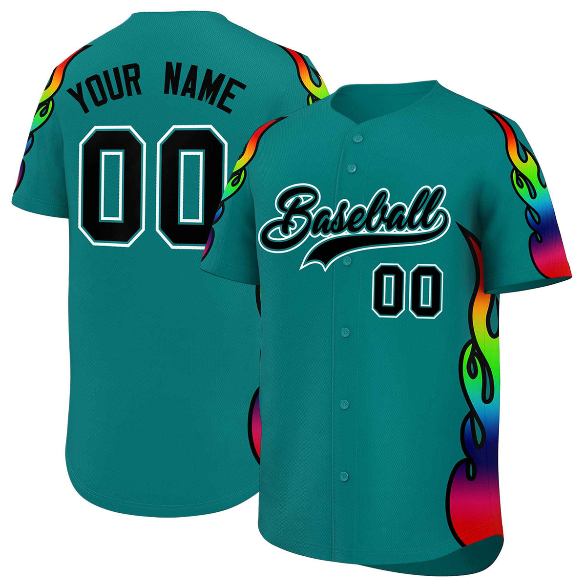 Custom Aqua Graffiti Pattern Personalized Multicolored Flames Print Authentic Baseball Jersey| KXKSHOP