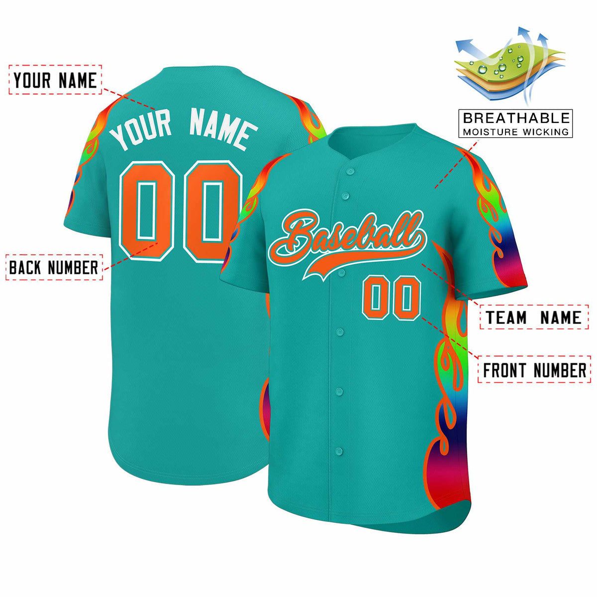 Custom Aqua Graffiti Pattern Personalized Multicolored Flames Print Authentic Baseball Jersey| KXKSHOP