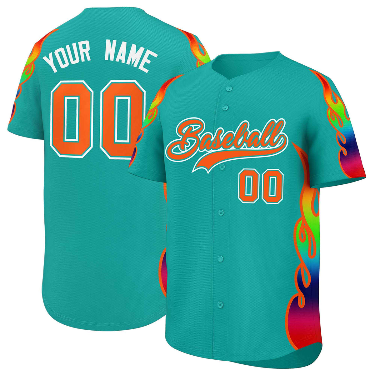 Custom Aqua Graffiti Pattern Personalized Multicolored Flames Print Authentic Baseball Jersey| KXKSHOP