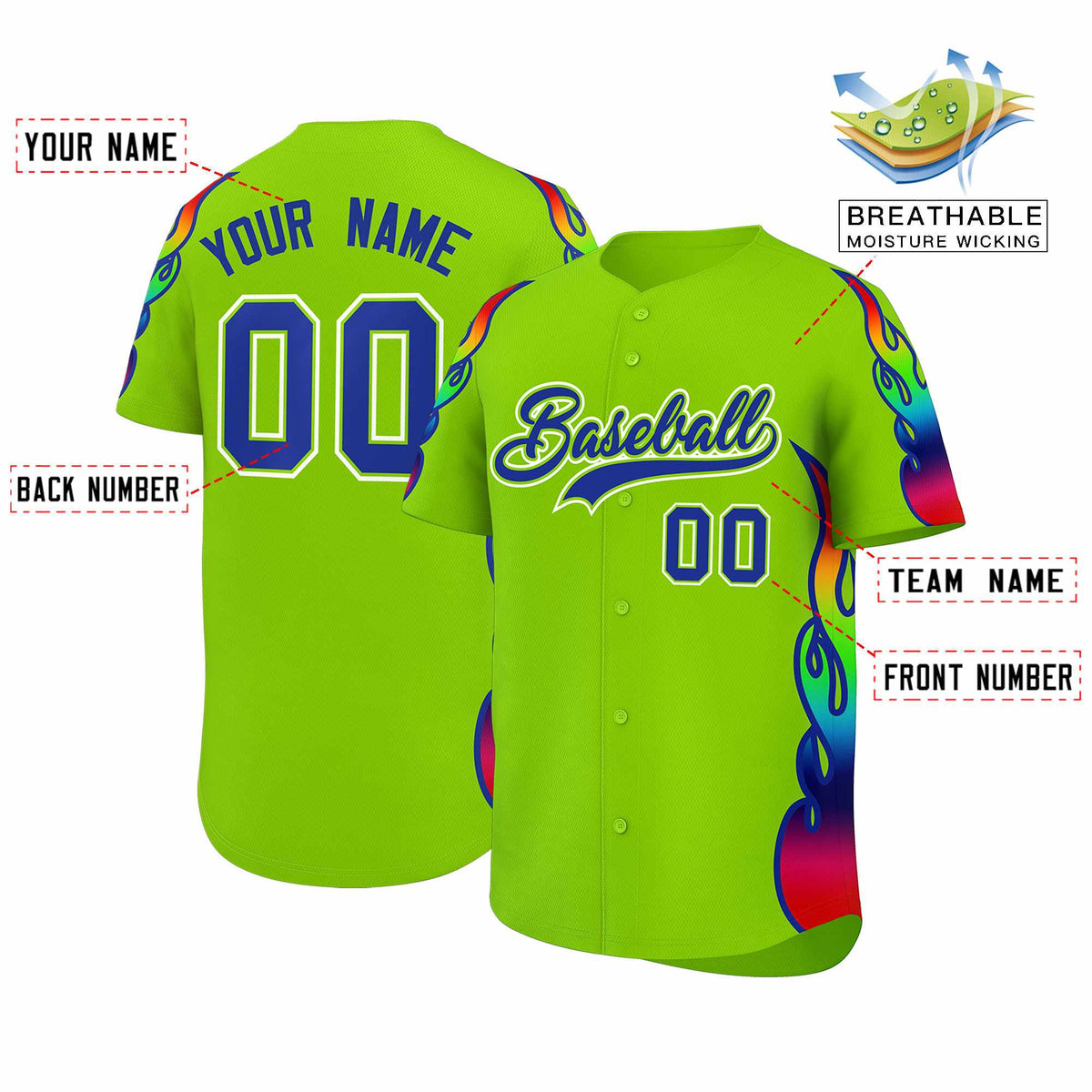 Custom Neon Green Graffiti Pattern Personalized Multicolored Flames Print Authentic Baseball Jersey| KXKSHOP
