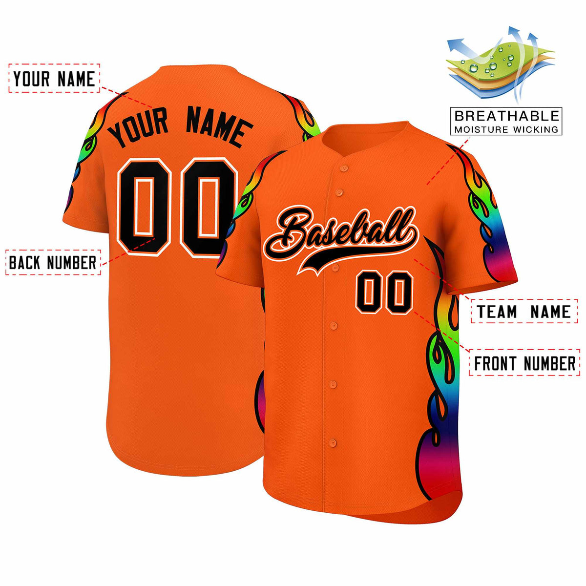 Custom Orange Graffiti Pattern Personalized Multicolored Flames Print Authentic Baseball Jersey| KXKSHOP