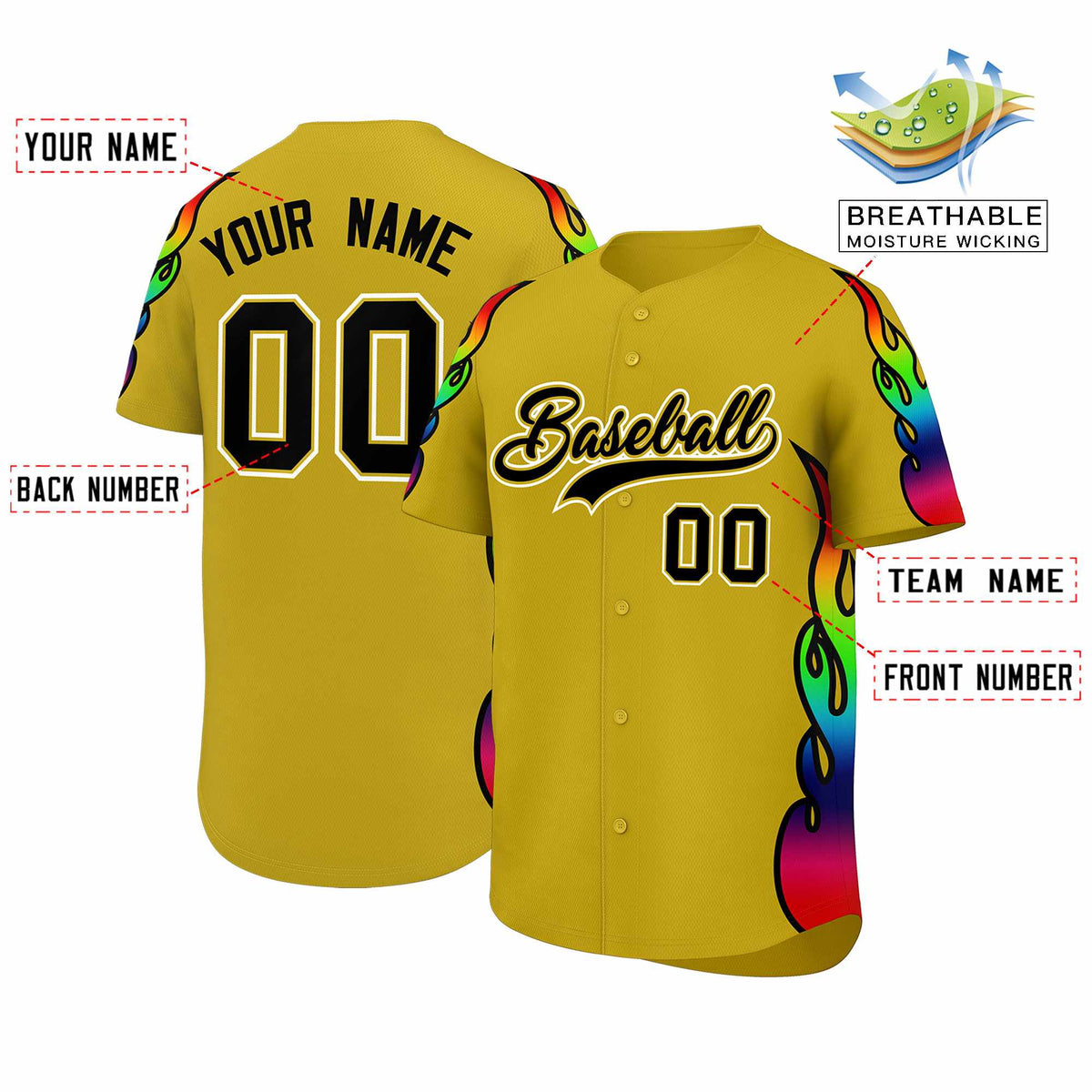 Custom Old Gold Graffiti Pattern Personalized Multicolored Flames Print Authentic Baseball Jersey| KXKSHOP