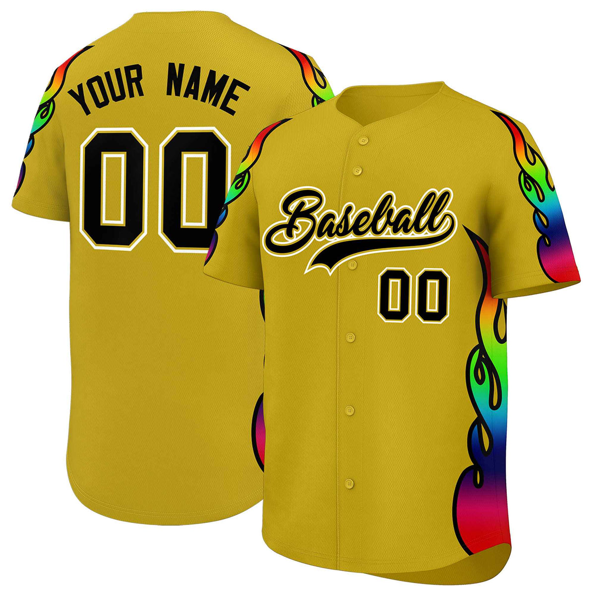 Custom Old Gold Graffiti Pattern Personalized Multicolored Flames Print Authentic Baseball Jersey| KXKSHOP