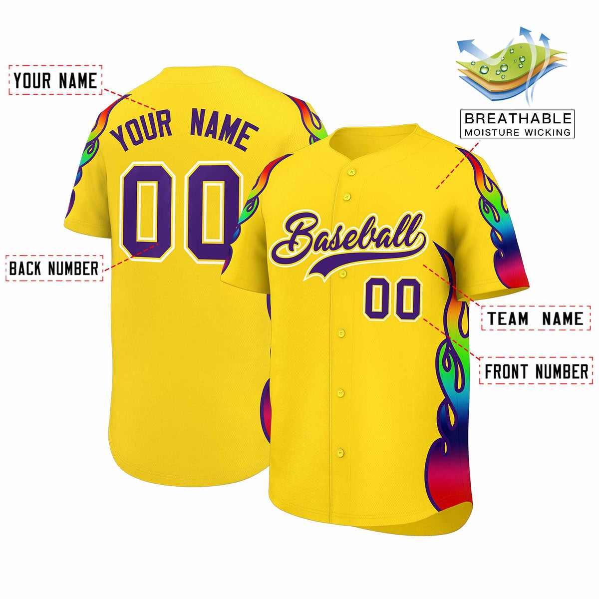 Custom Gold Graffiti Pattern Personalized Multicolored Flames Print Authentic Baseball Jersey| KXKSHOP