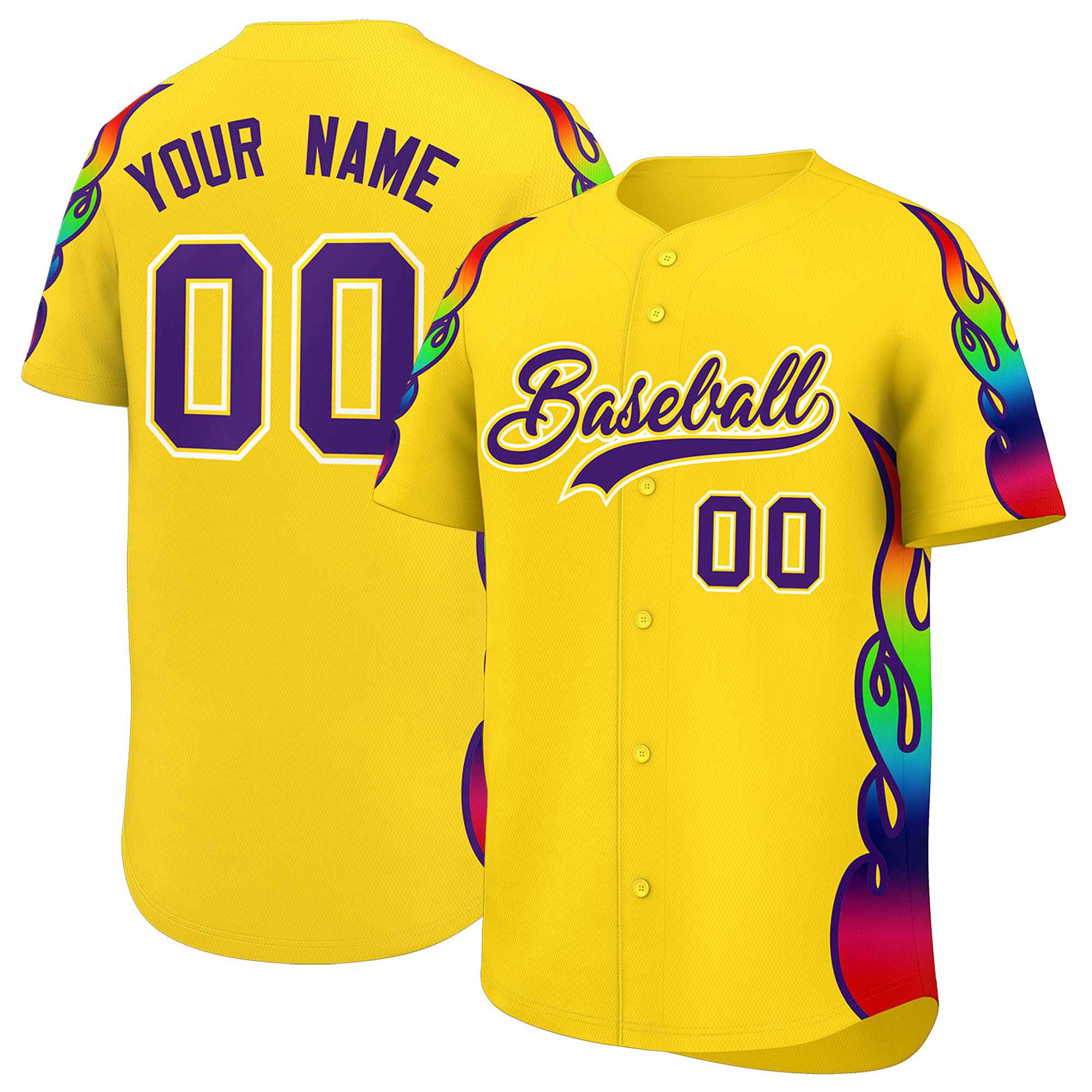 Custom Gold Graffiti Pattern Personalized Multicolored Flames Print Authentic Baseball Jersey| KXKSHOP
