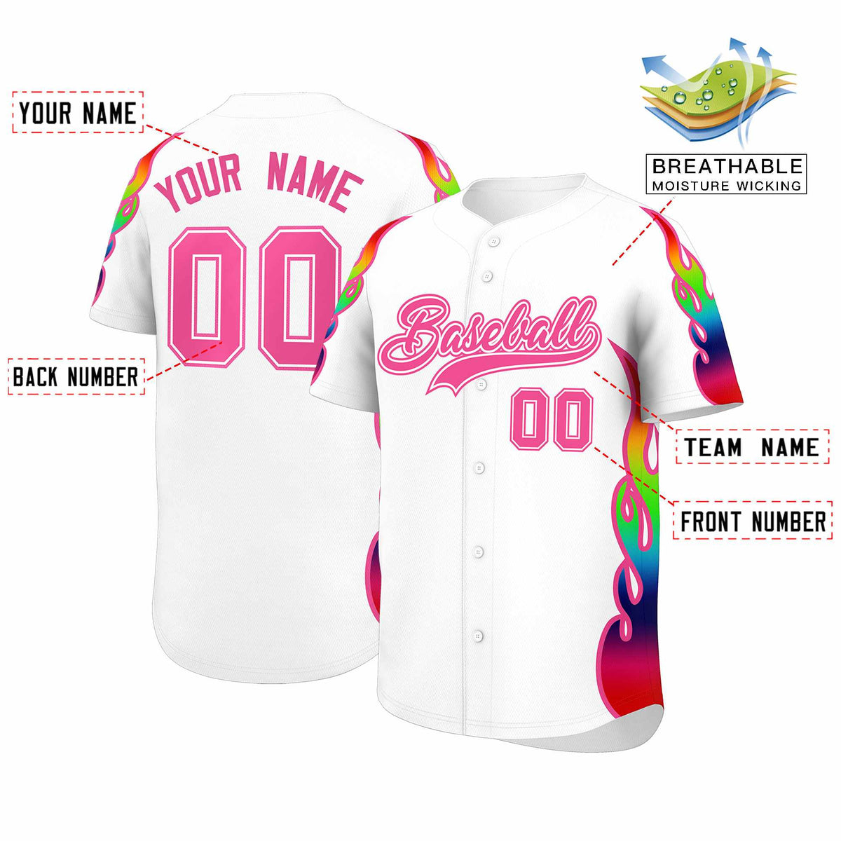 Custom White Graffiti Pattern Personalized Multicolored Flames Print Authentic Baseball Jersey| KXKSHOP