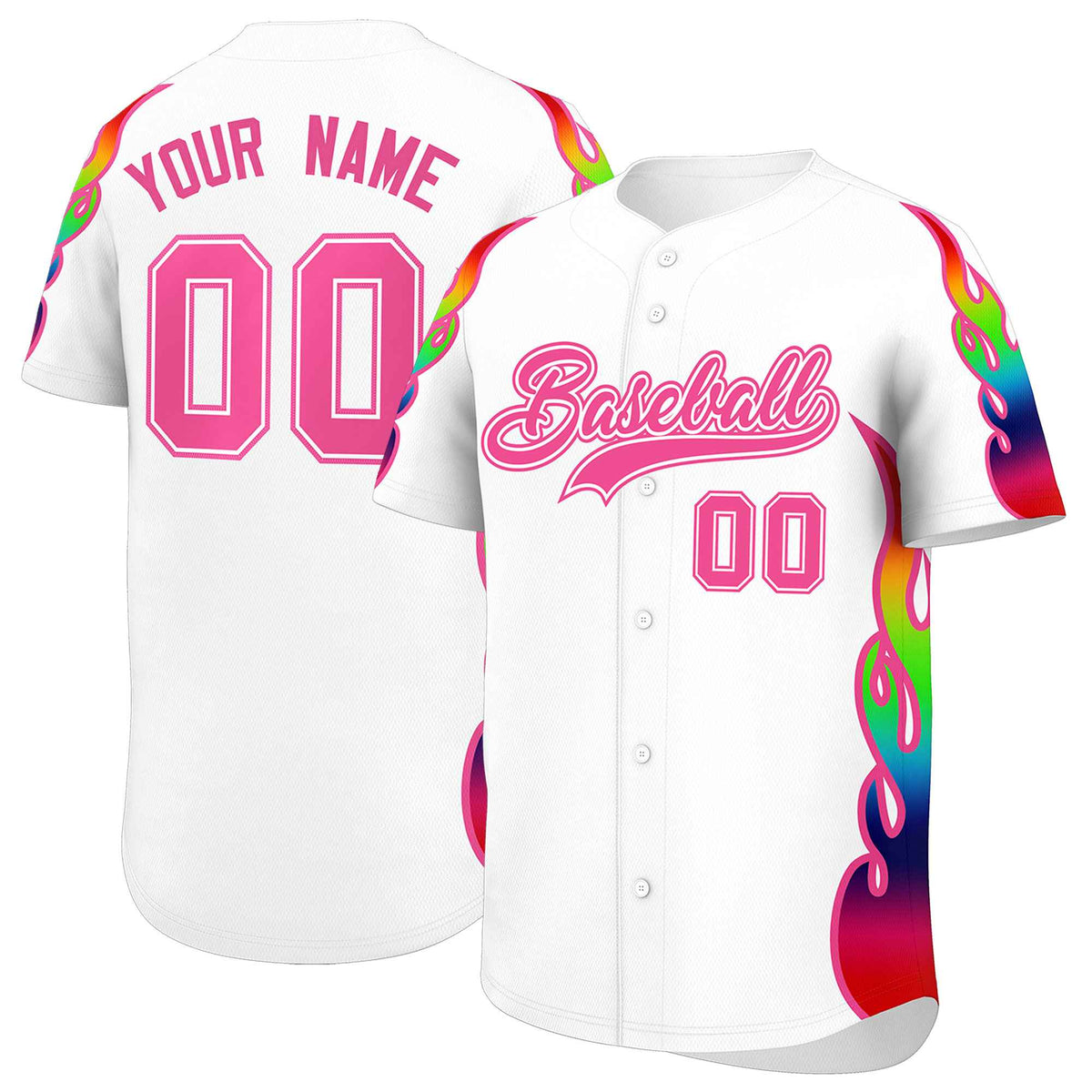 Custom White Graffiti Pattern Personalized Multicolored Flames Print Authentic Baseball Jersey| KXKSHOP