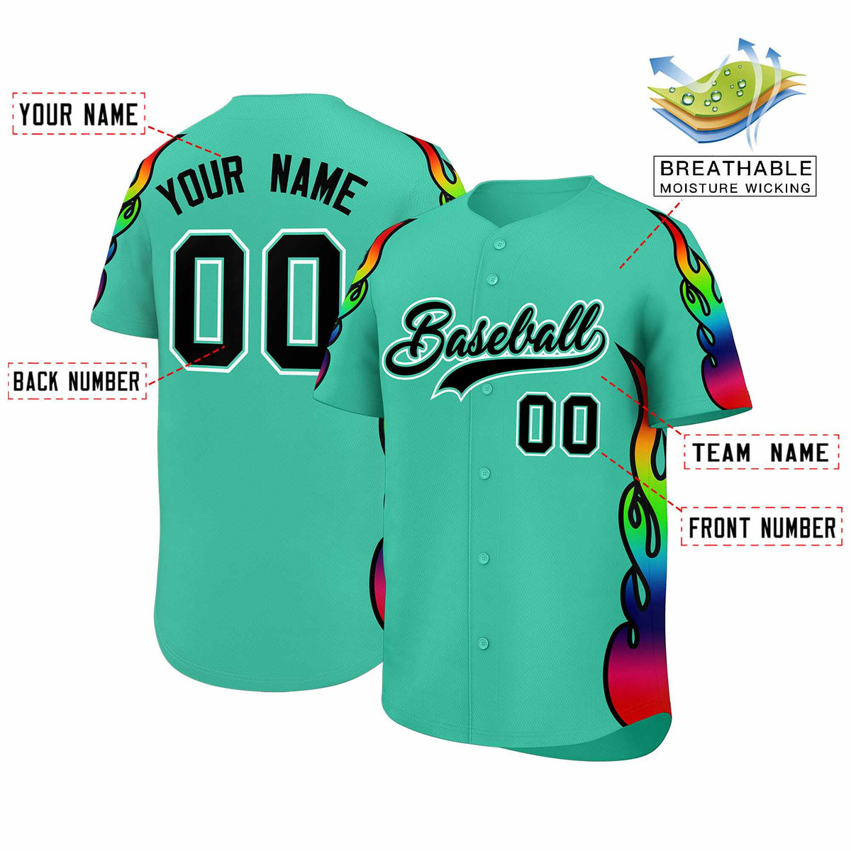 Custom Bright Green Graffiti Pattern Personalized Multicolored Flames Print Authentic Baseball Jersey| KXKSHOP