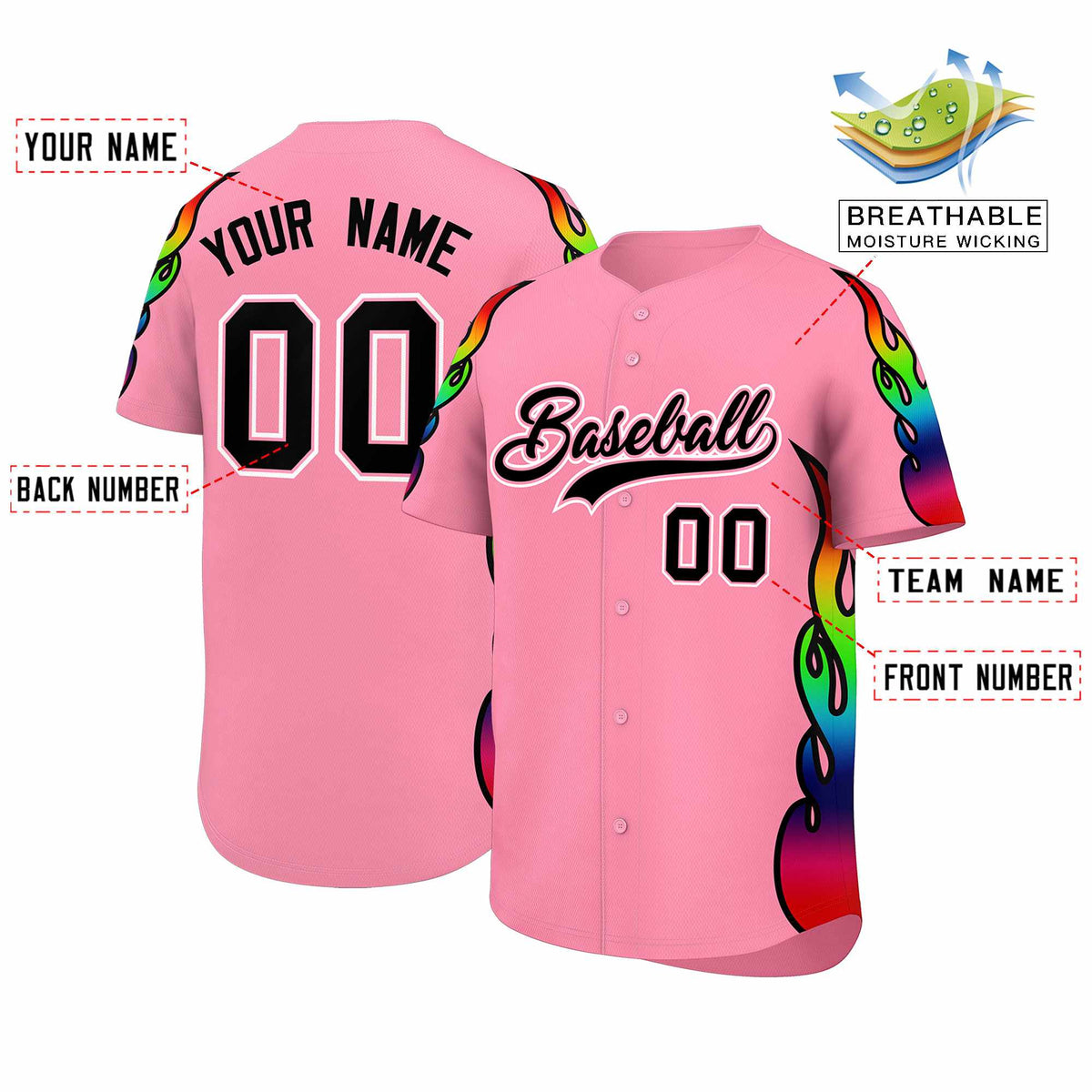 Custom Light Pink Graffiti Pattern Personalized Multicolored Flames Print Authentic Baseball Jersey| KXKSHOP