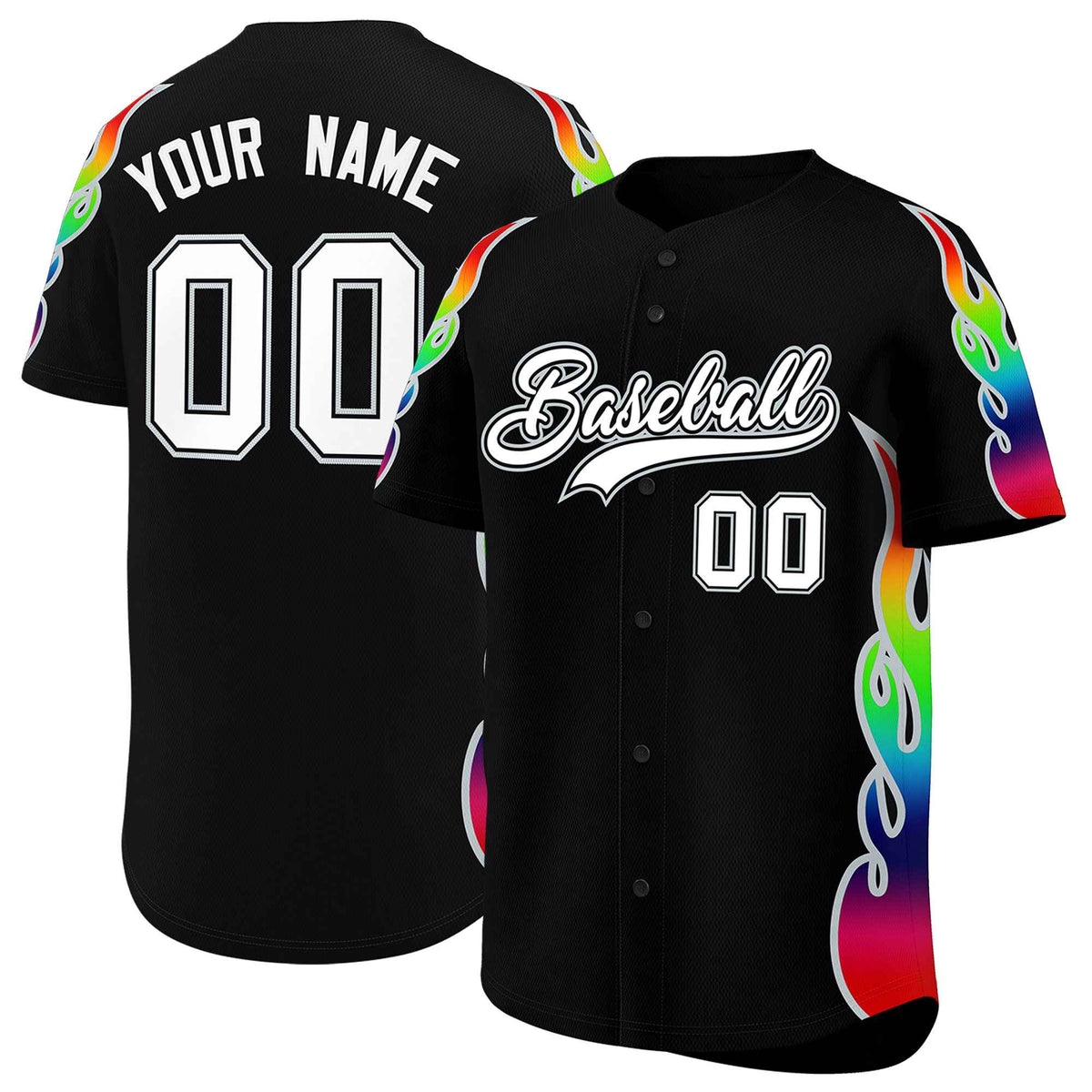 Custom Black Graffiti Pattern Personalized Multicolored Flames Print Authentic Baseball Jersey| KXKSHOP