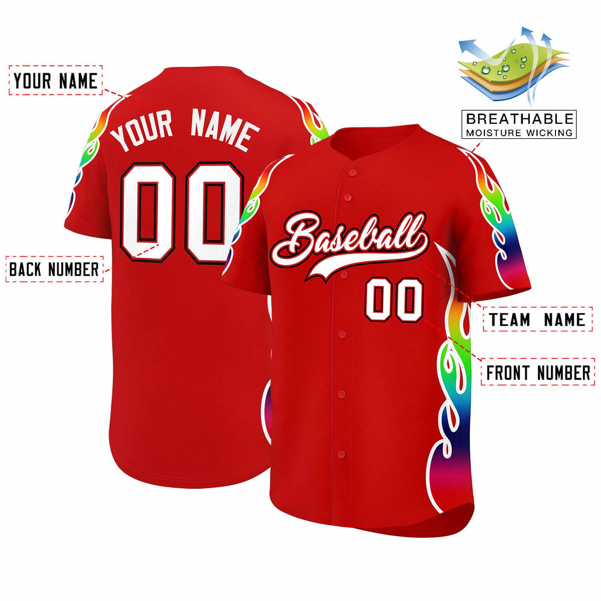 Custom Red Graffiti Pattern Personalized Multicolored Flames Print Authentic Baseball Jersey| KXKSHOP