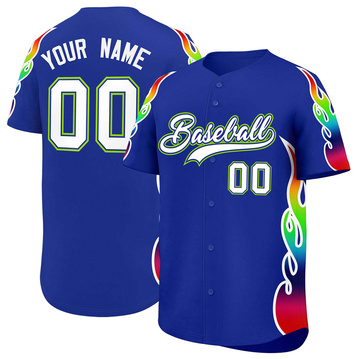 Custom Royal Graffiti Pattern Personalized Multicolored Flames Print Authentic Baseball Jersey| KXKSHOP