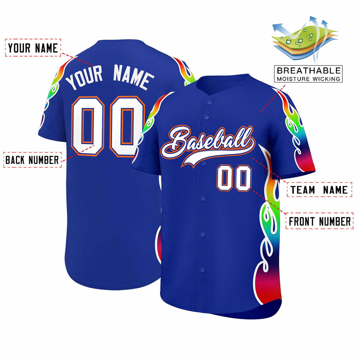 Custom Royal Graffiti Pattern Personalized Multicolored Flames Print Authentic Baseball Jersey| KXKSHOP