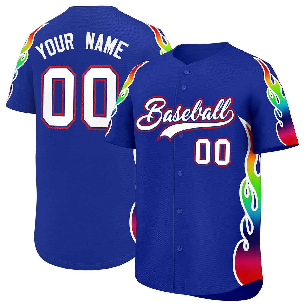 Custom Royal Graffiti Pattern Personalized Multicolored Flames Print Authentic Baseball Jersey| KXKSHOP